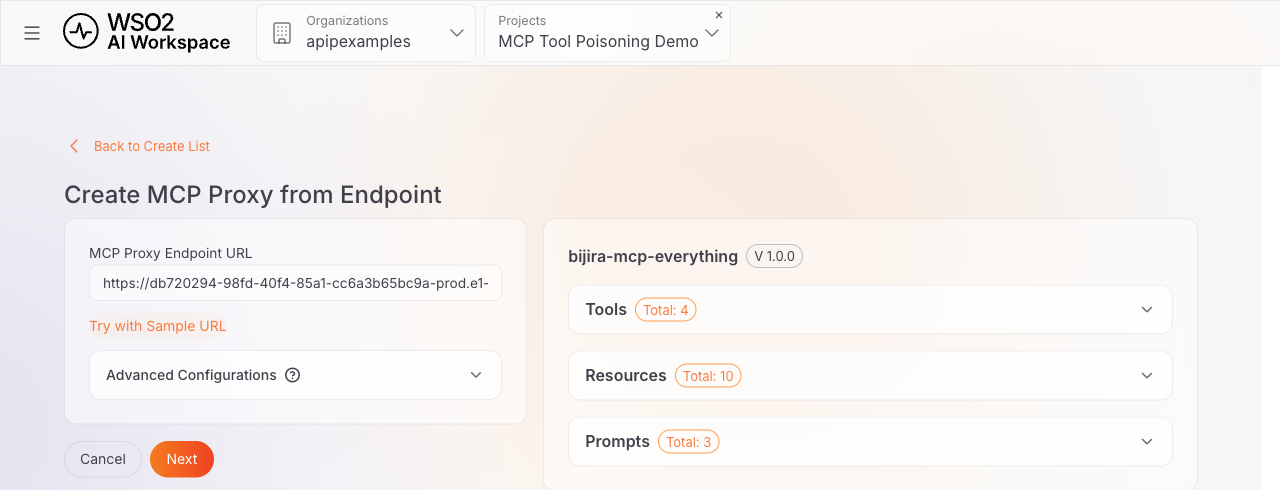 Create MCP Proxy from Endpoint page with the sample URL filled in and the discovered server showing 4 tools, 10 resources, and 3 prompts