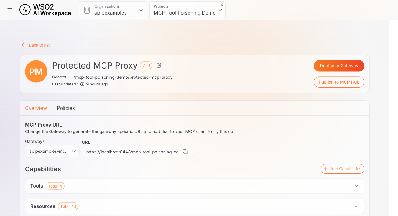Overview tab showing the MCP Proxy URL panel with a Gateways dropdown, Copy URL button, and the Capabilities panel below it