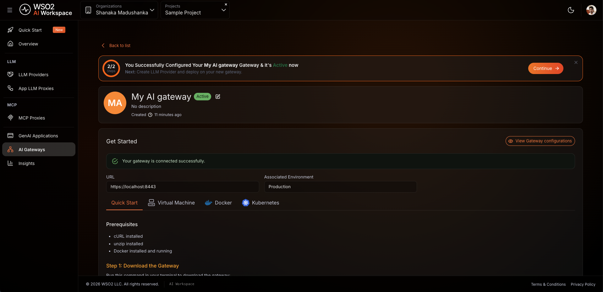 AI gateway detail page showing the gateway status as Active after successful connection