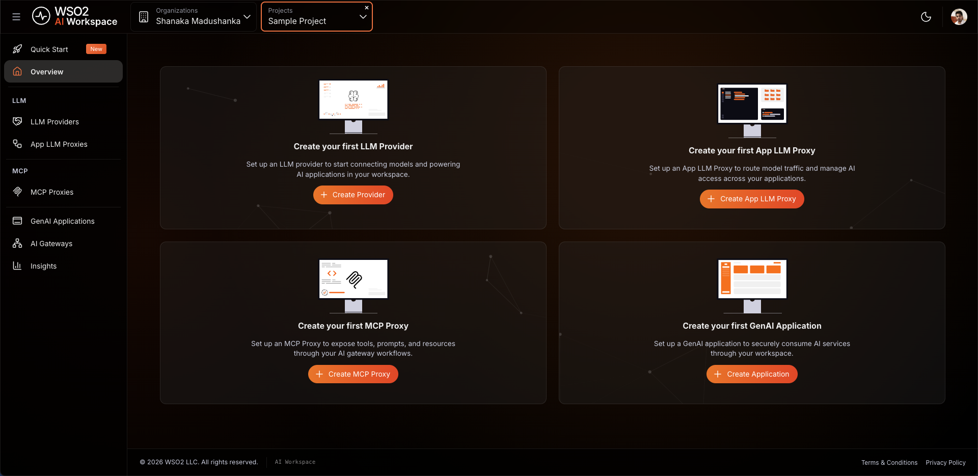 Project home page showing the Overview cards to create your first LLM provider, LLM proxy, MCP proxy, and GenAI application