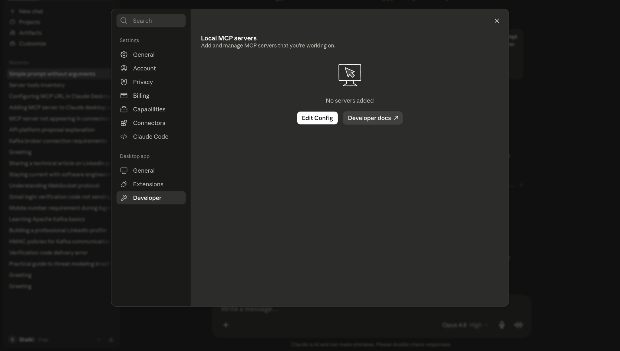 Claude developer settings