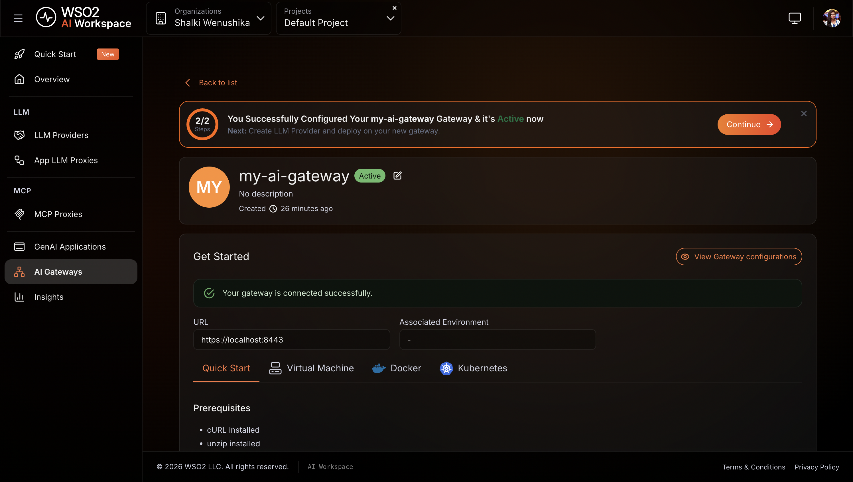 AI gateway detail page showing the gateway status as Active after successful connection
