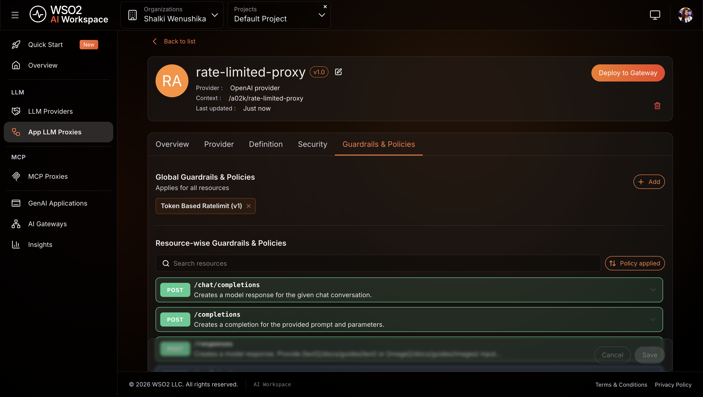 Guardrails and Policies tab showing Token Based Rate Limit policy active with a 100-token-per-minute quota