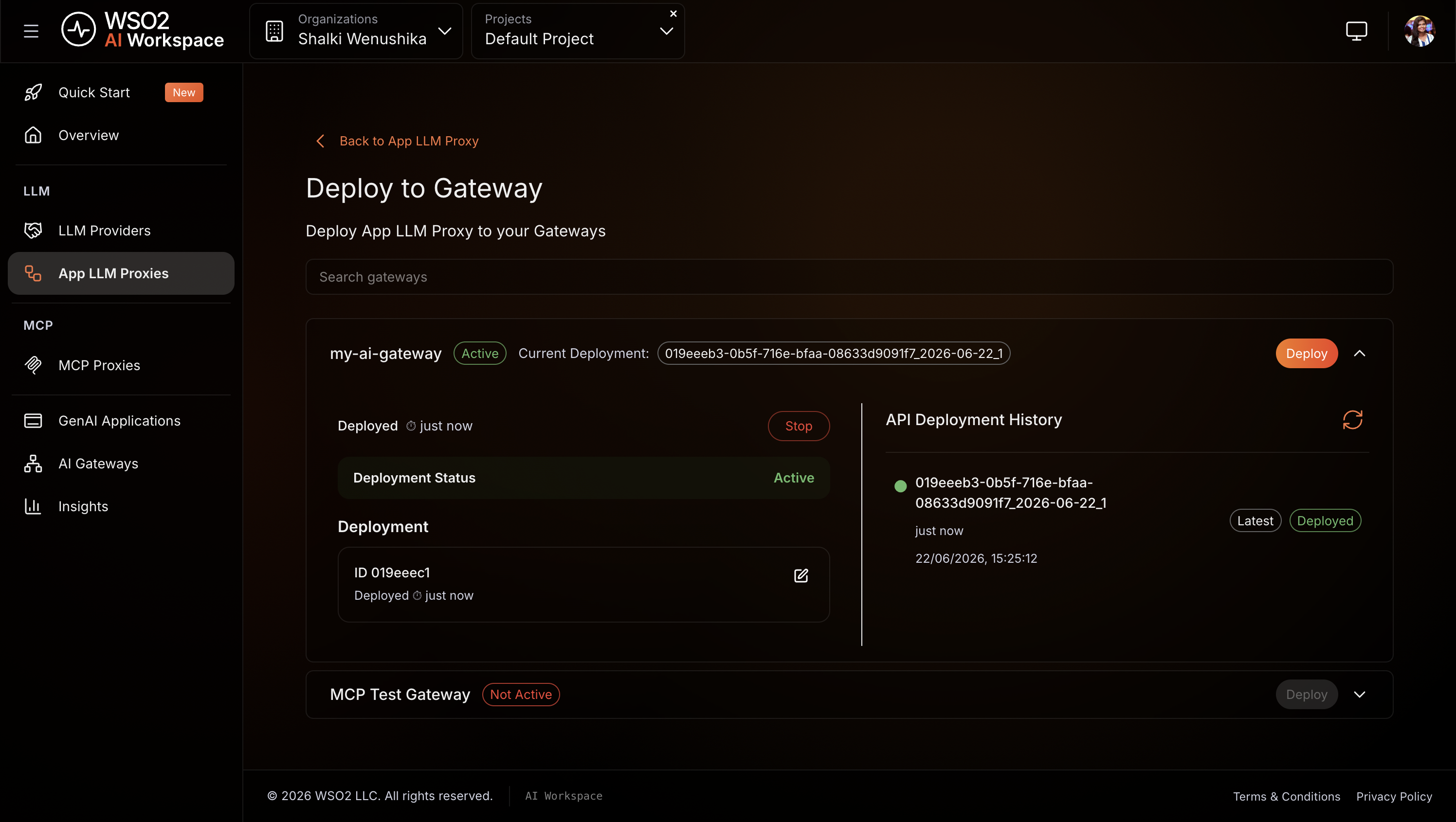 Deploy to Gateway page showing the rate-limited-proxy with Deployment Status as Active