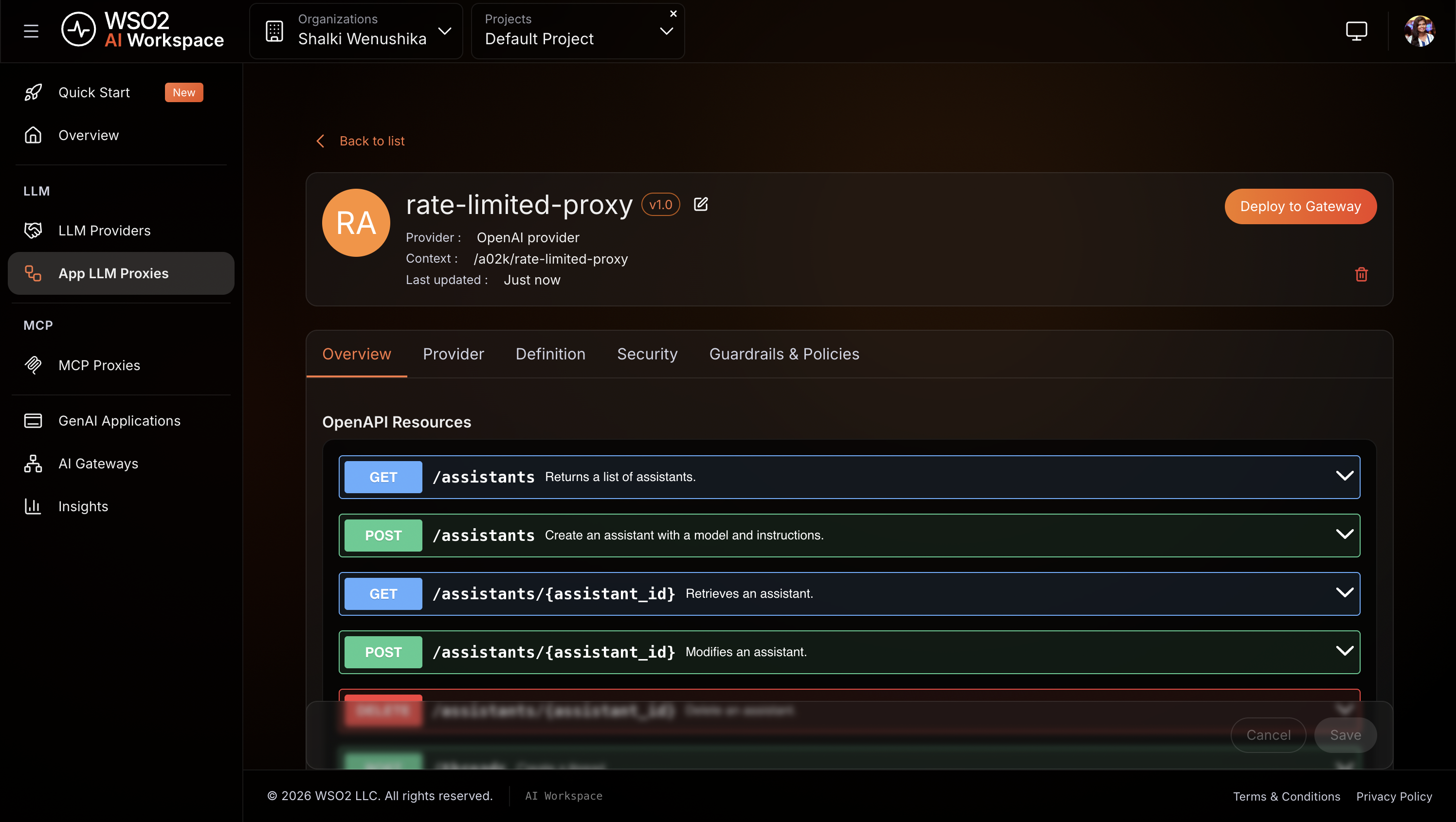 App LLM proxy overview page showing the rate-limited-proxy with provider configuration and invoke URL