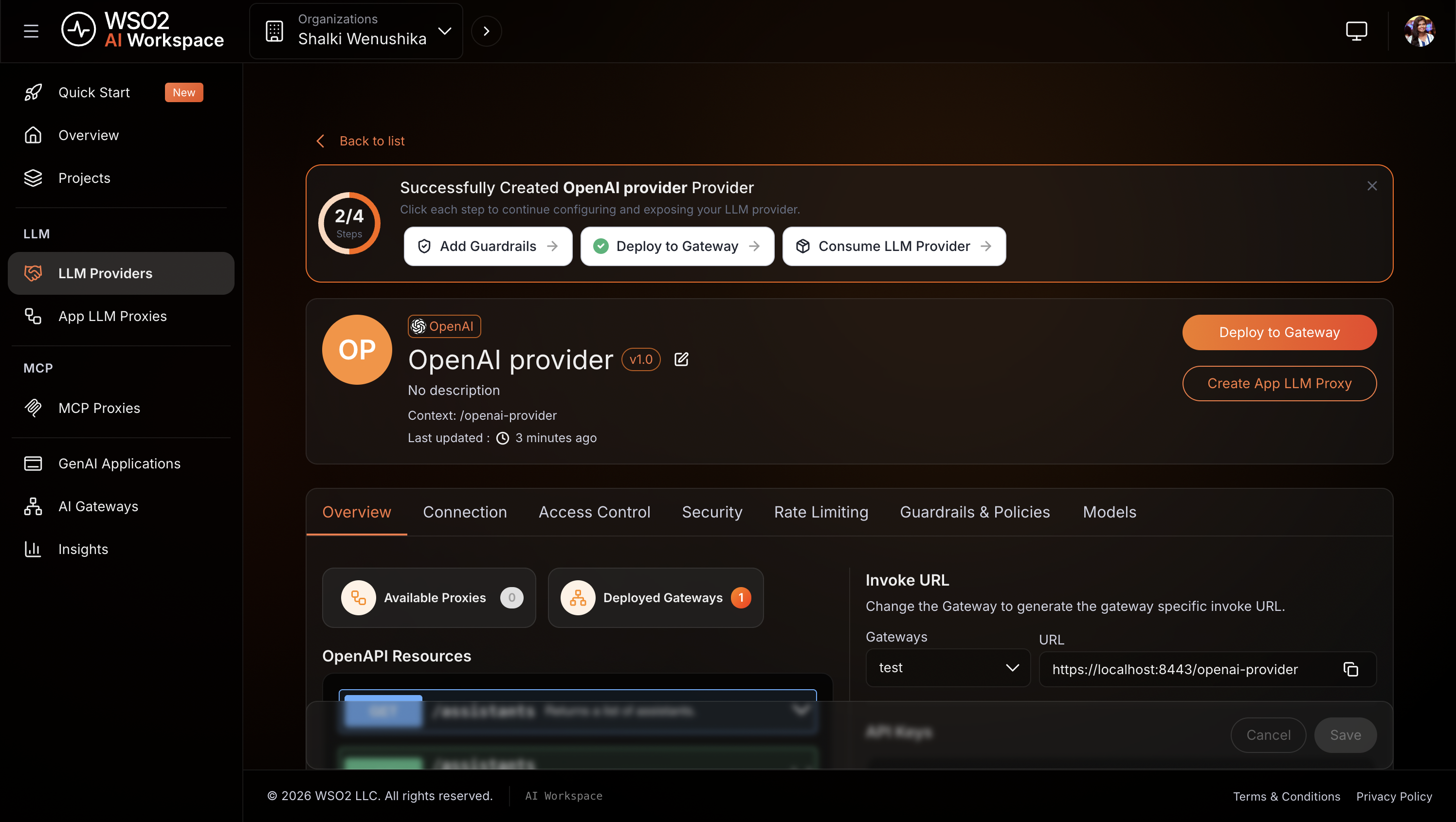 OpenAI LLM provider overview page showing the provider name, API key, and deployment status as Active