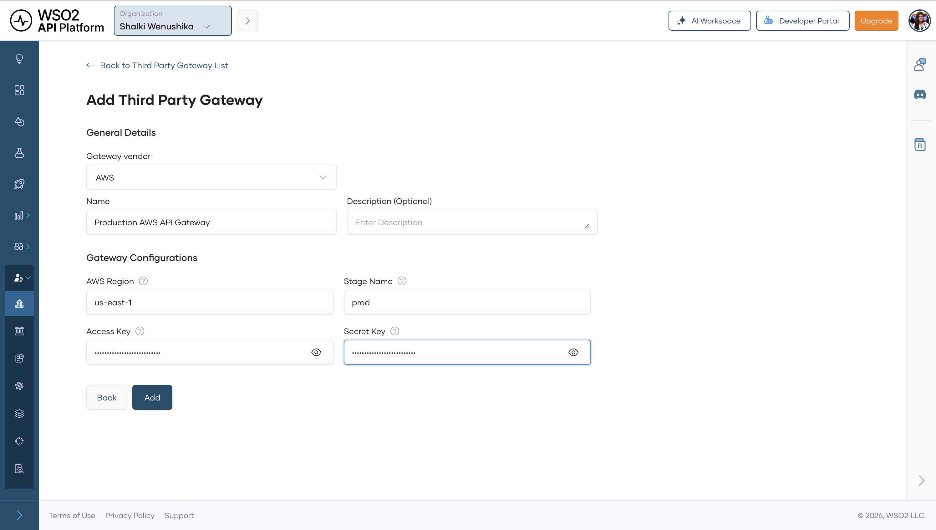 Add Third Party Gateway form with gateway name, region, stage, access key, and secret key fields
