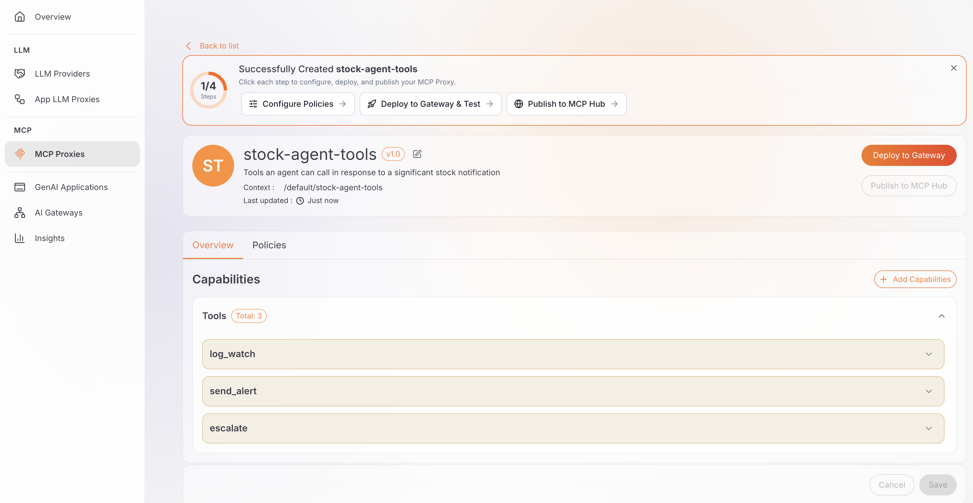 MCP proxy detail page showing three discovered tools: log_watch, send_alert, and escalate
