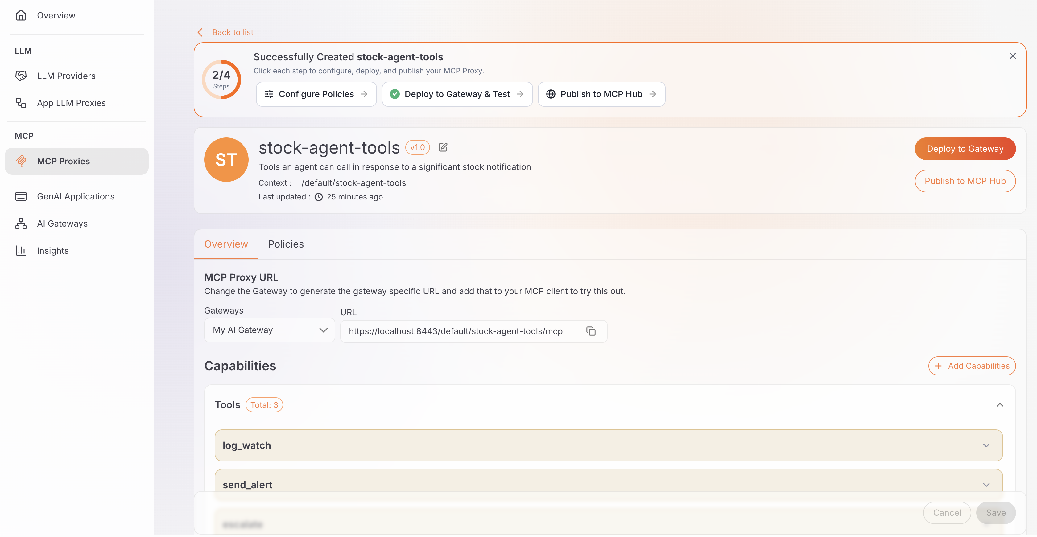 MCP proxy overview page showing the Deploy to Gateway and Publish to MCP Hub buttons, the selected gateway, and its invoke URL