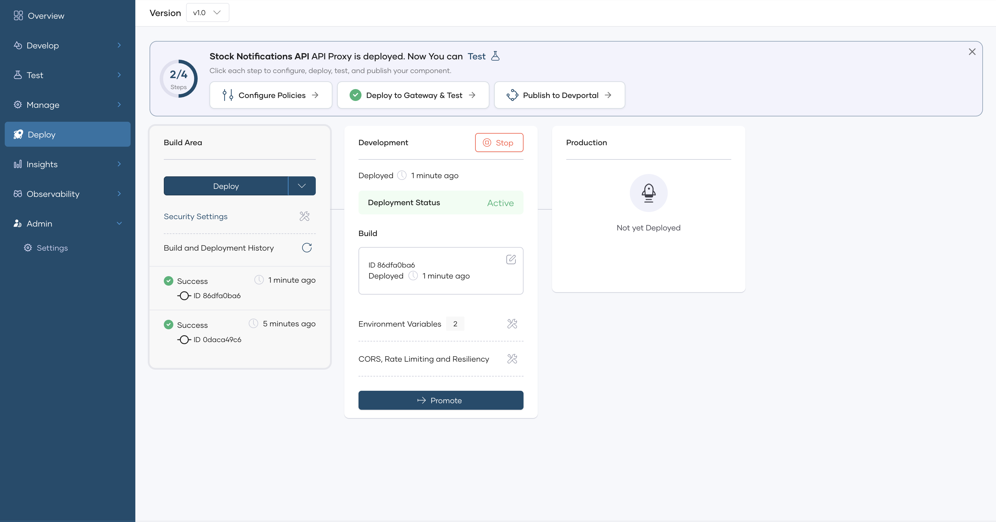 Deploy page showing the WebSocket API proxy's deployment status as Active