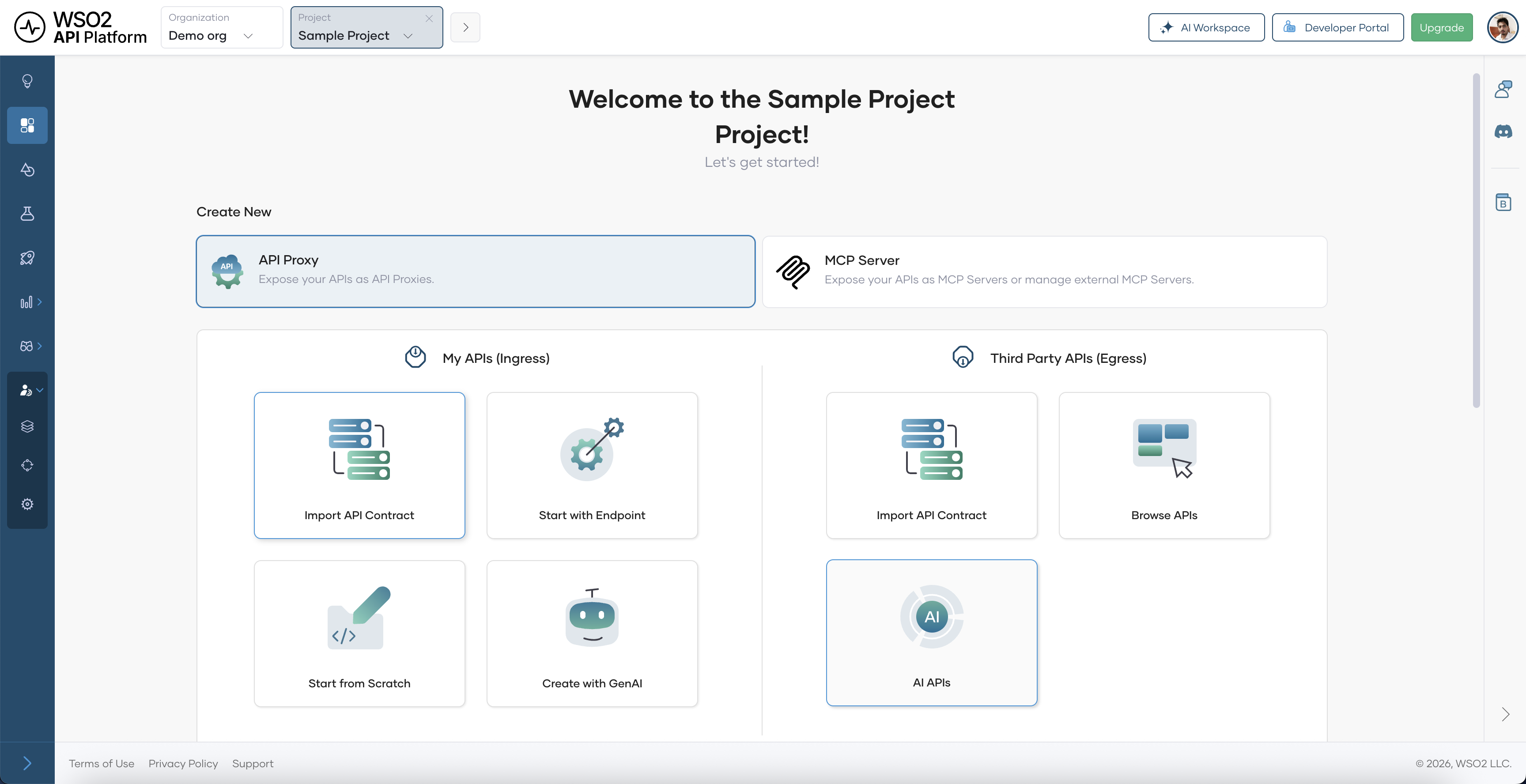 Project home page after creating the organization and project
