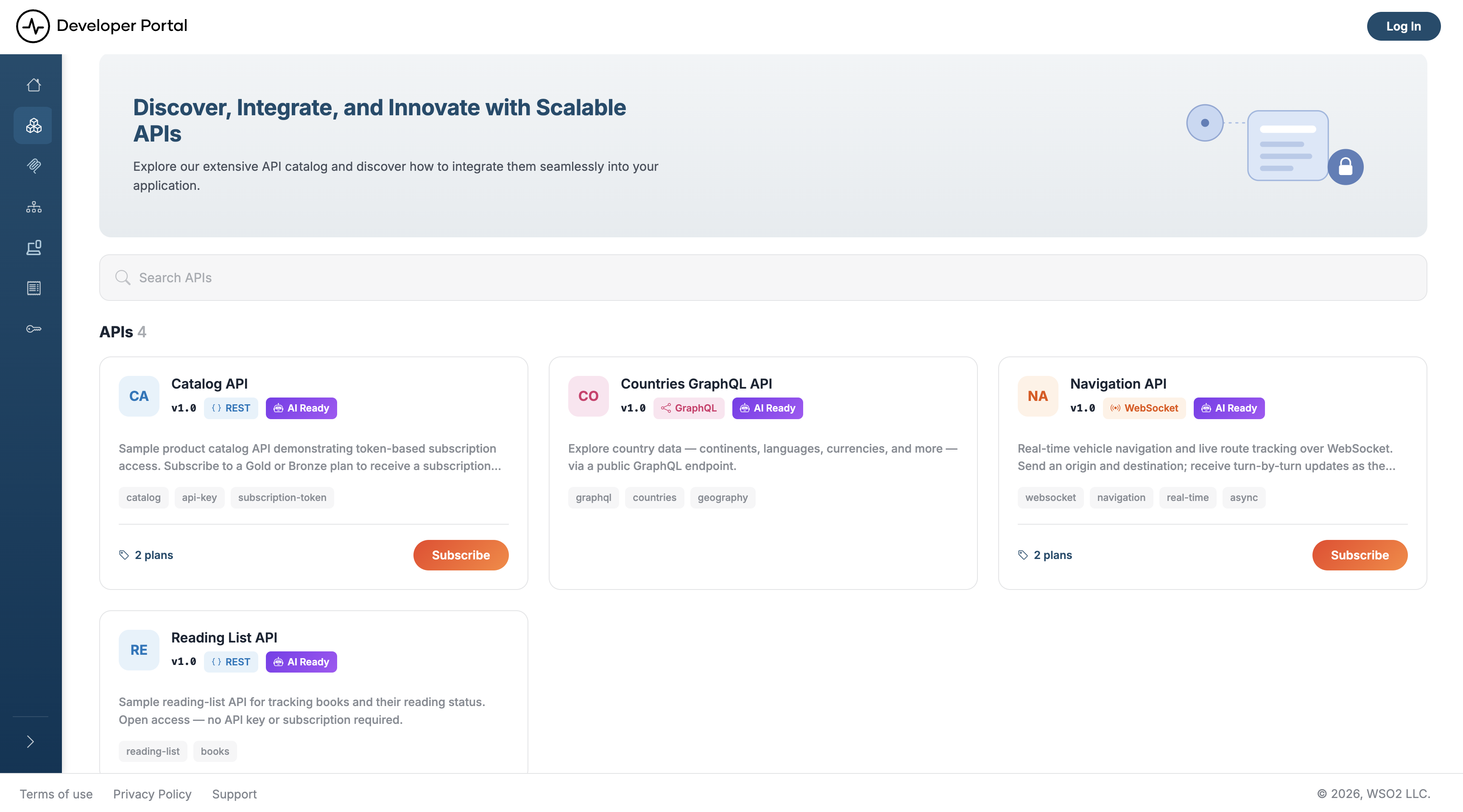 Developer Portal API listing page showing a search bar and four sample API cards — Catalog API, Countries GraphQL API, Navigation API, and Reading List API — each with type badges, tags, plan count, and a Subscribe button