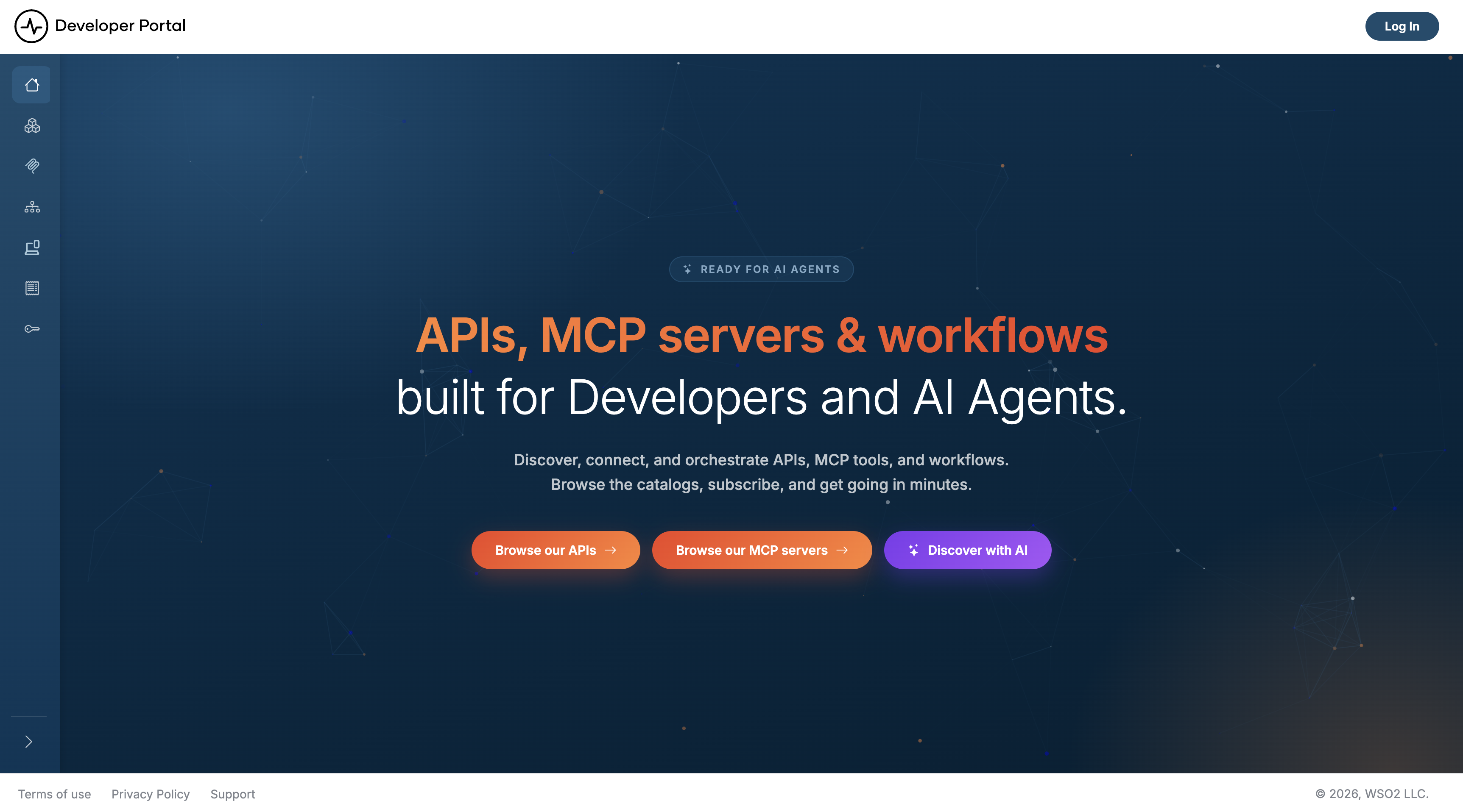 Developer Portal home page with the heading "APIs, MCP servers & workflows built for Developers and AI Agents", Browse our APIs, Browse our MCP servers, and Discover with AI buttons, and a Log In button in the top right