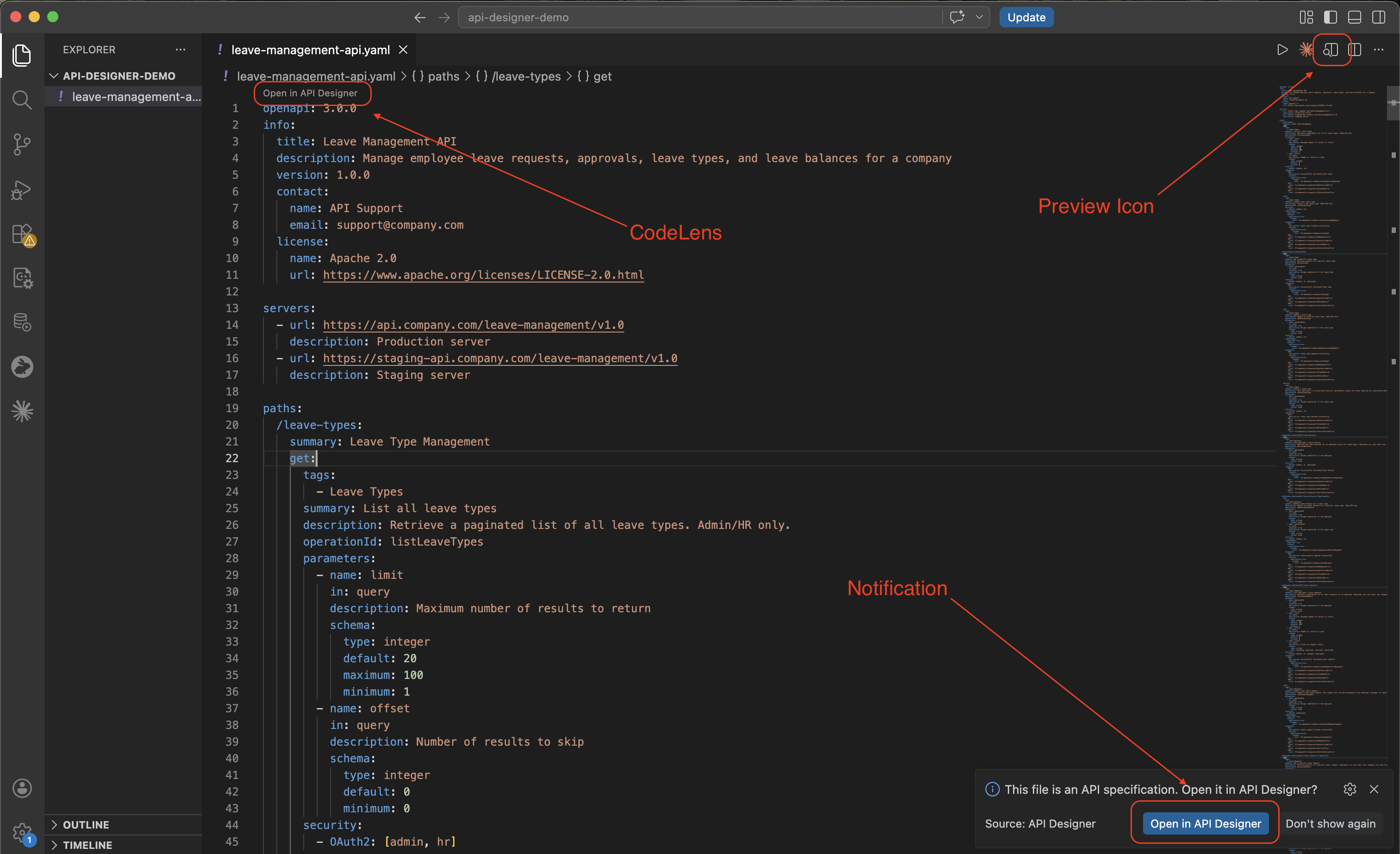 Options: Open in API Designer