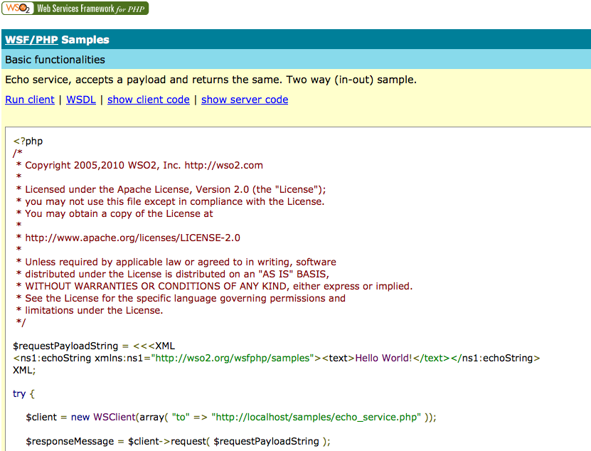 Figura 2 - Pagina degli esempi installati con il framework