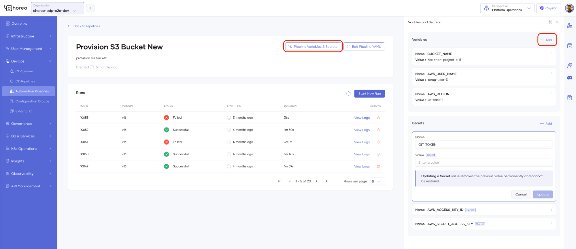 Input parameters for automation pipelines