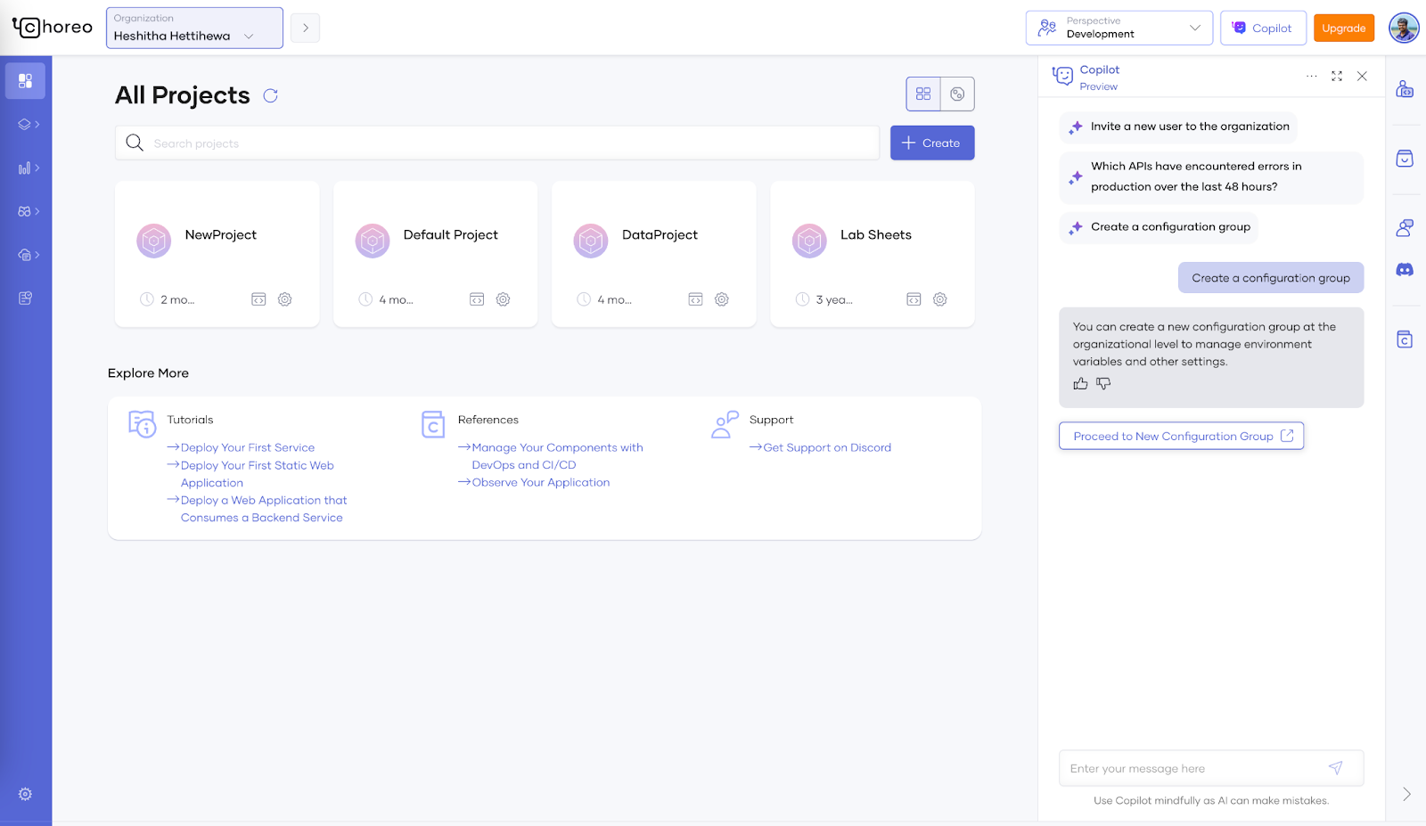Copilot's answers with a link to create a configuration group