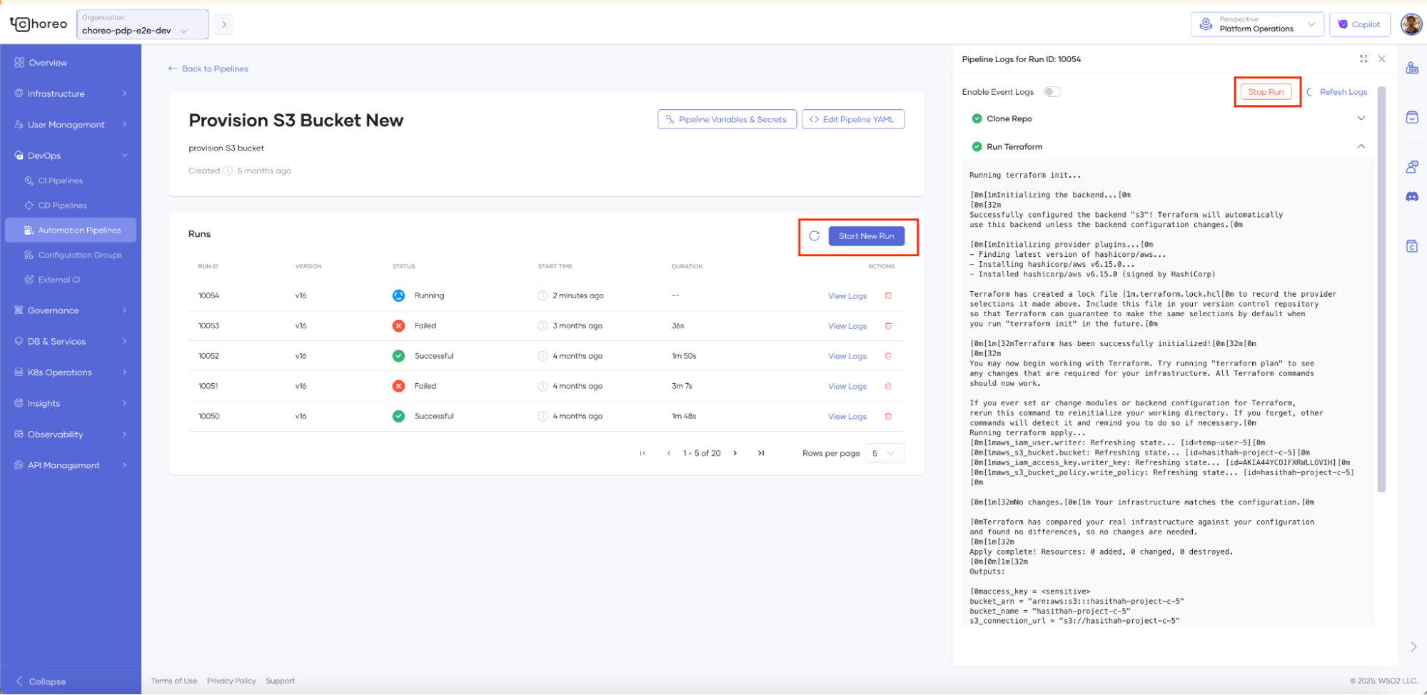 Pipeline runs and their logs