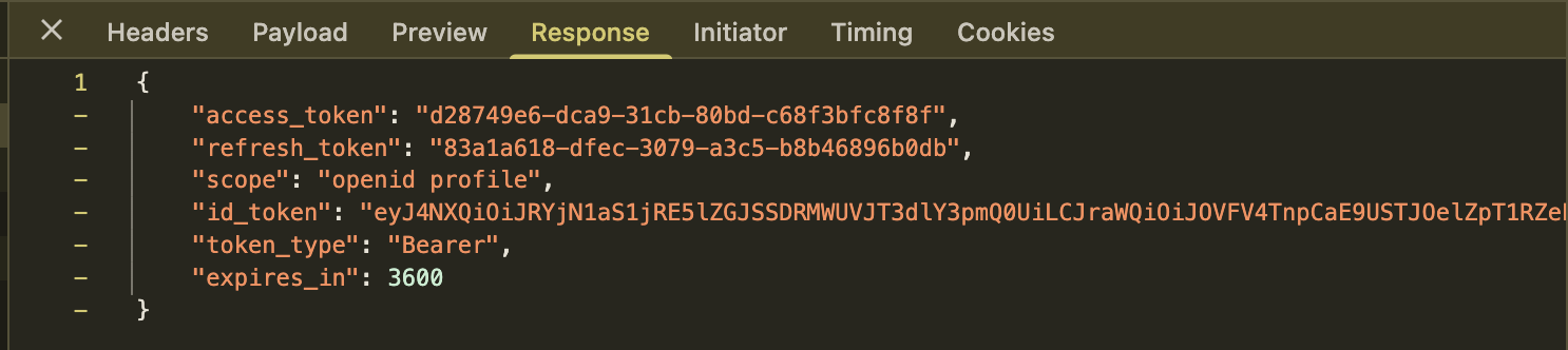 The access token as a short opaque string next to the three-part, period-separated ID token (JWT)