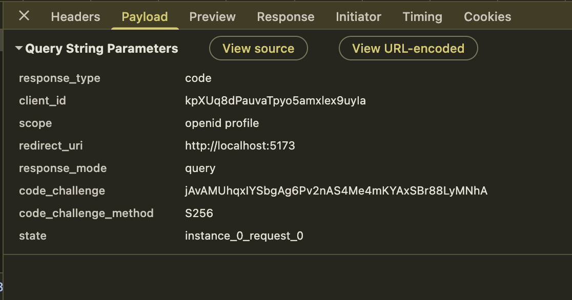 OIDC authorize request payload in the browser devtools network tab