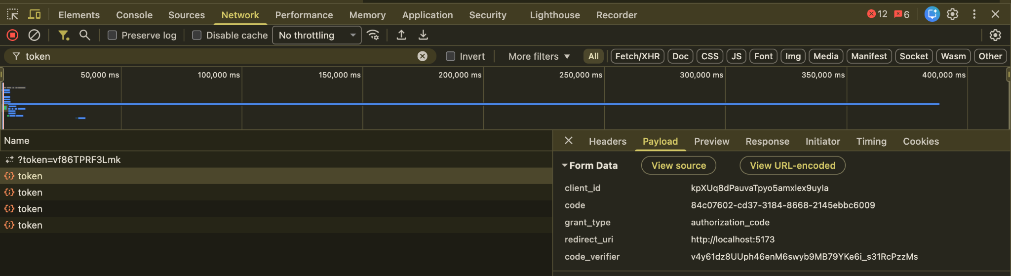 Token exchange request payload in the browser devtools network tab