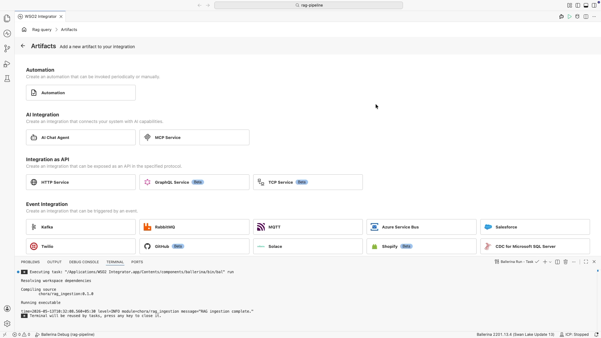 Artifacts panel showing integration types including HTTP Service under Integration as API.