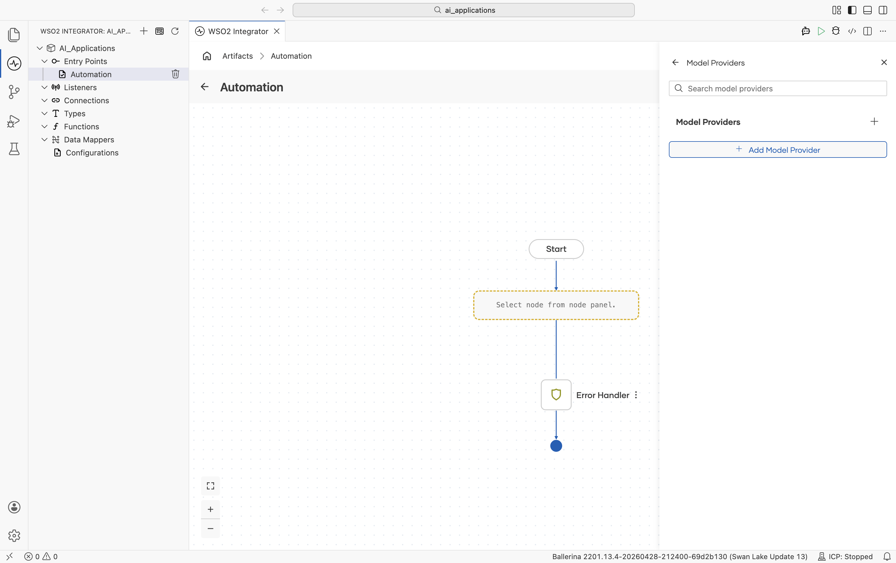 Right-side Model Providers panel showing the search bar and a + Add Model Provider button at the top of an empty list.