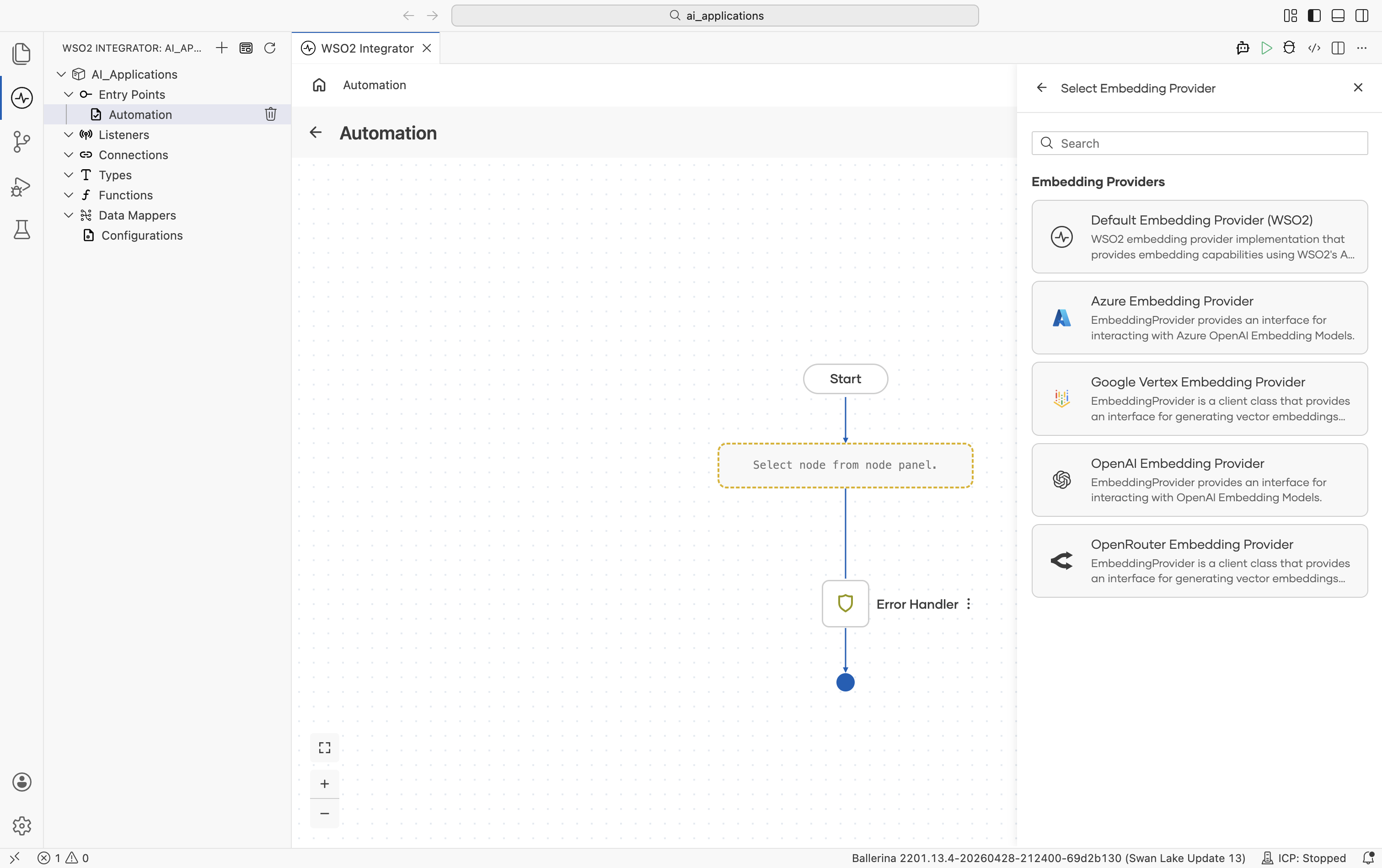 Select Embedding Provider picker listing Default Embedding Provider (WSO2) at the top, then Azure Embedding Provider, Google Vertex Embedding Provider, OpenAI Embedding Provider, and OpenRouter Embedding Provider, each with a one-line description.