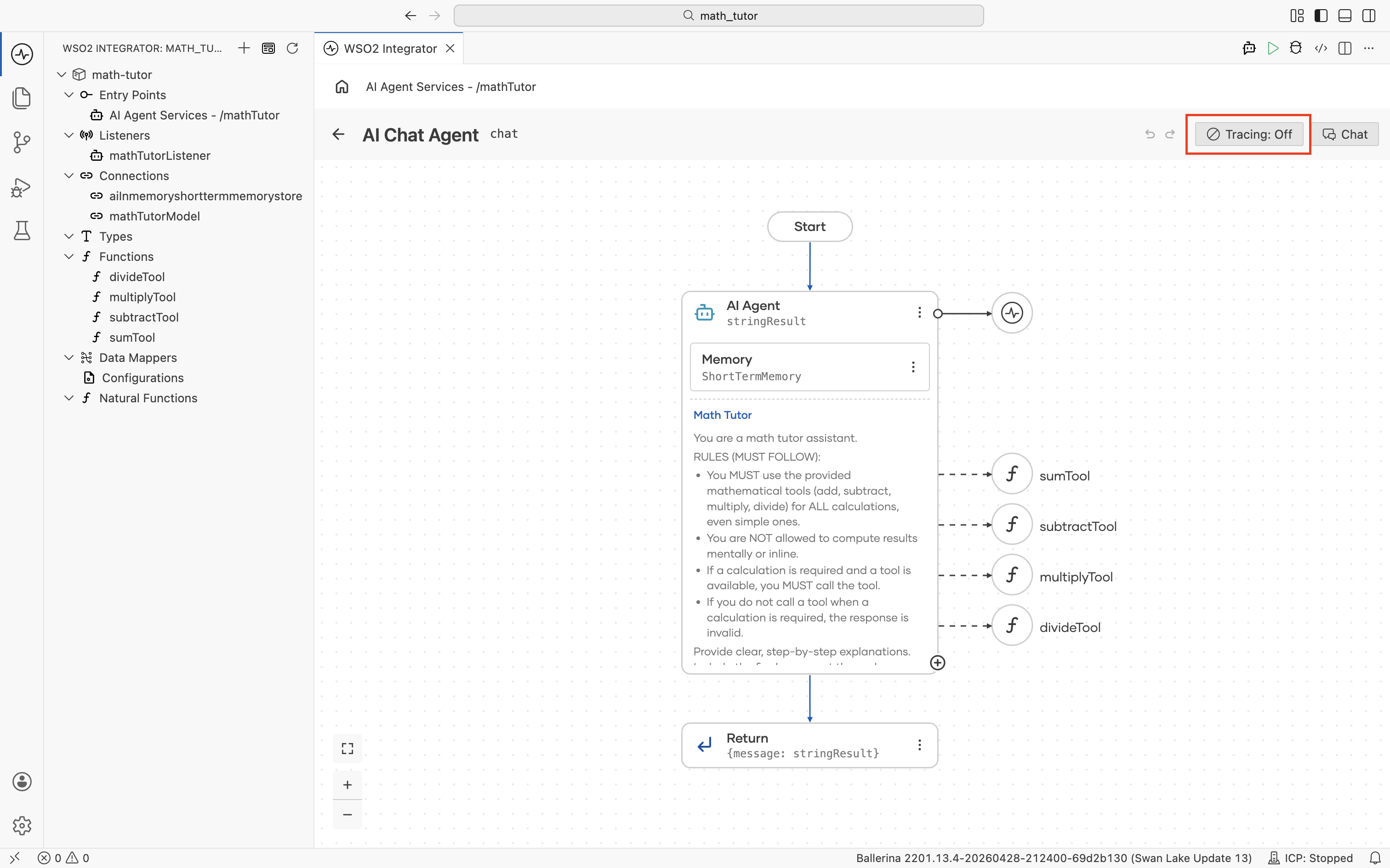 AI Chat Agent canvas with the Tracing toggle in the top-right showing 'Tracing: Off'.