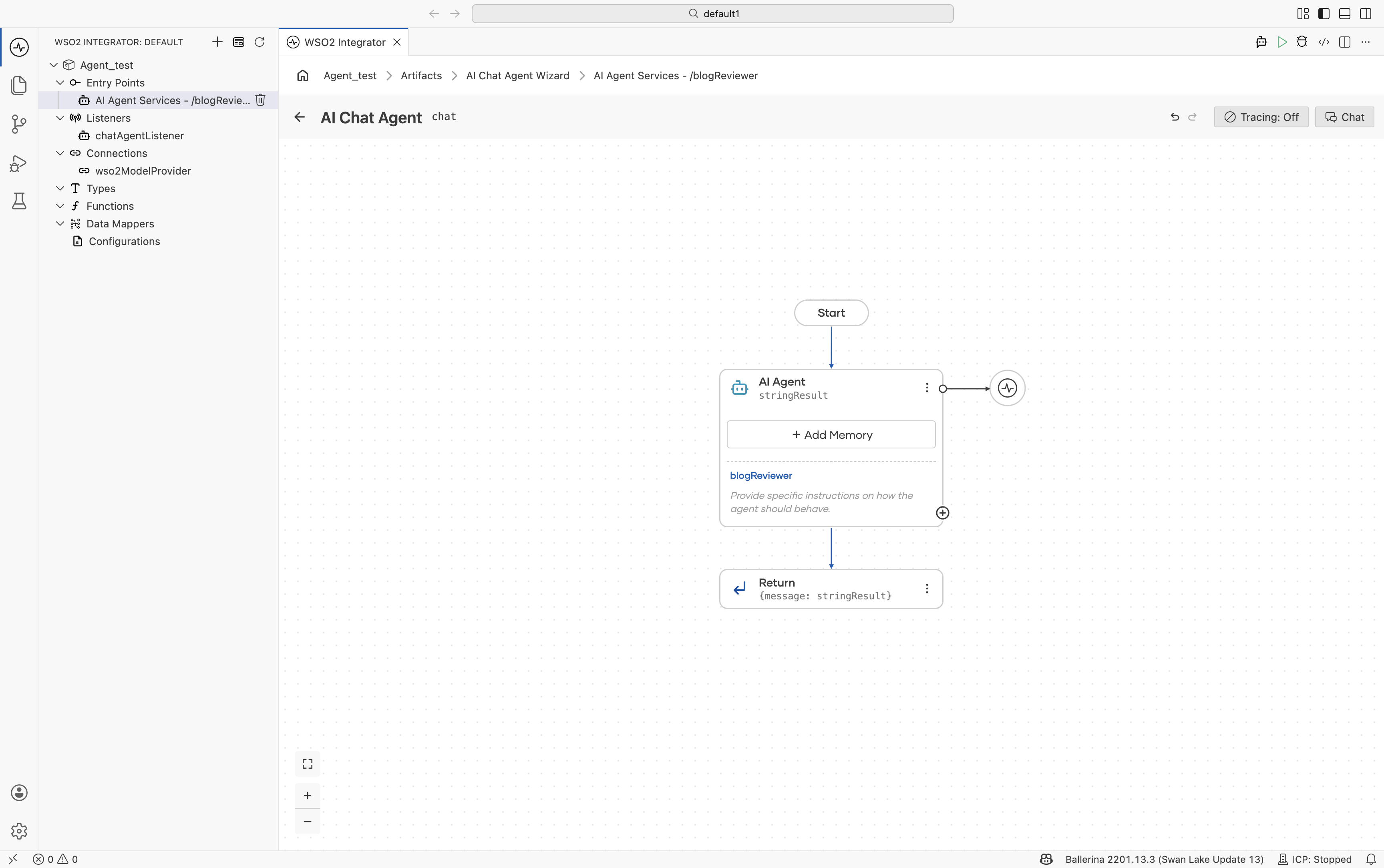The AI Agent canvas showing Start, an AI Agent node with the agent name and an Add Memory button, and a Return node.