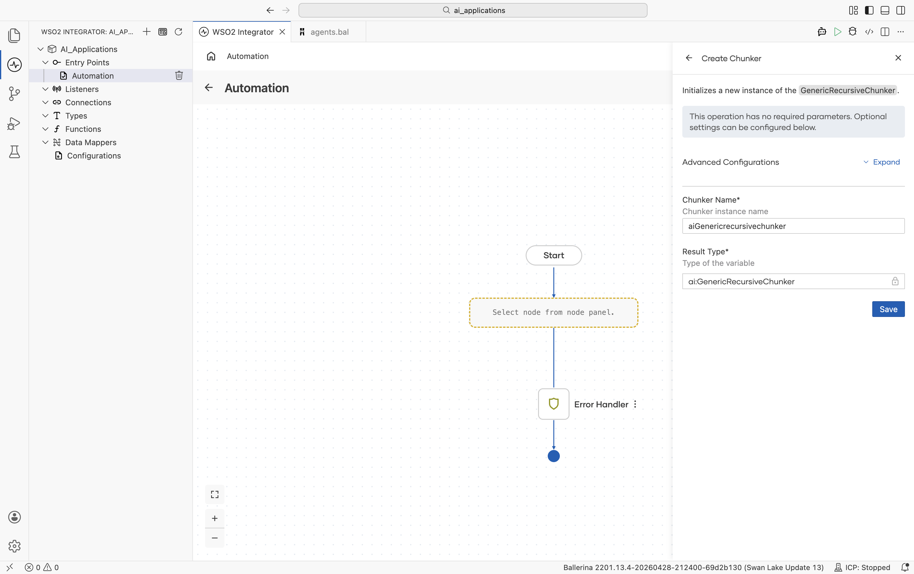 Create Chunker form for Generic Recursive showing the banner 'This operation has no required parameters. Optional settings can be configured below.' Advanced Configurations Expand link, Chunker Name aiGenericrecursivechunker, Result Type ai.
