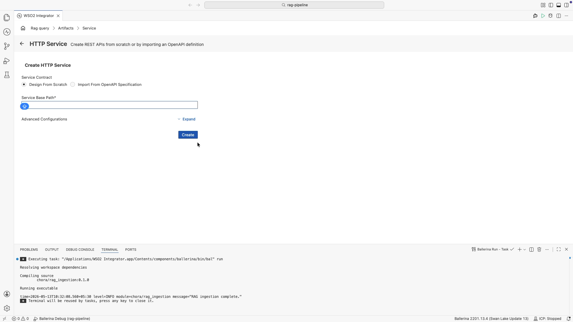 Create HTTP Service form with Service Contract and Service Base Path fields.