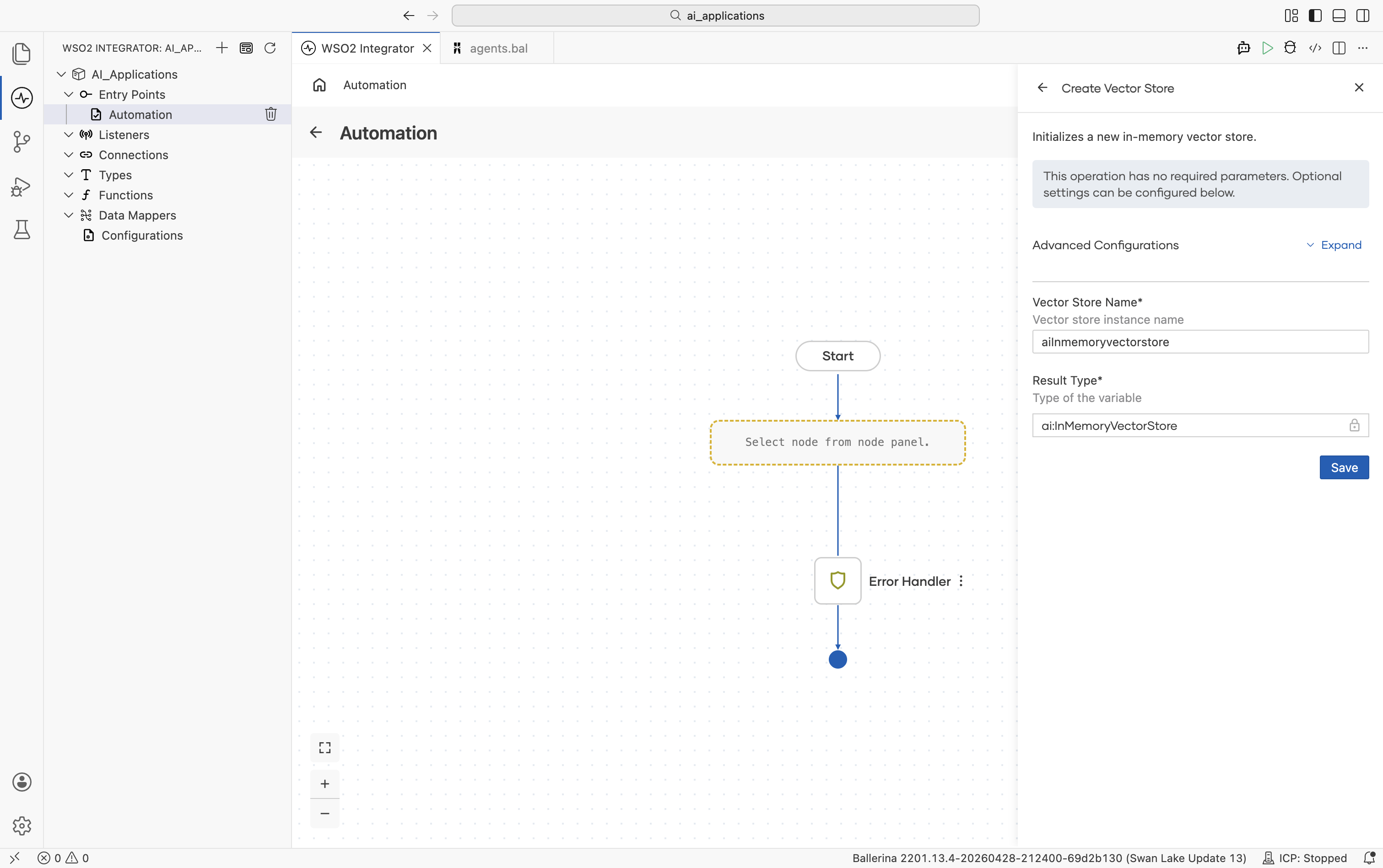 Create Vector Store form for In-Memory showing the banner 'This operation has no required parameters. Optional settings can be configured below.' Advanced Configurations Expand link, Vector Store Name (default aiInmemoryvectorstore), Result Type (locked to ai).