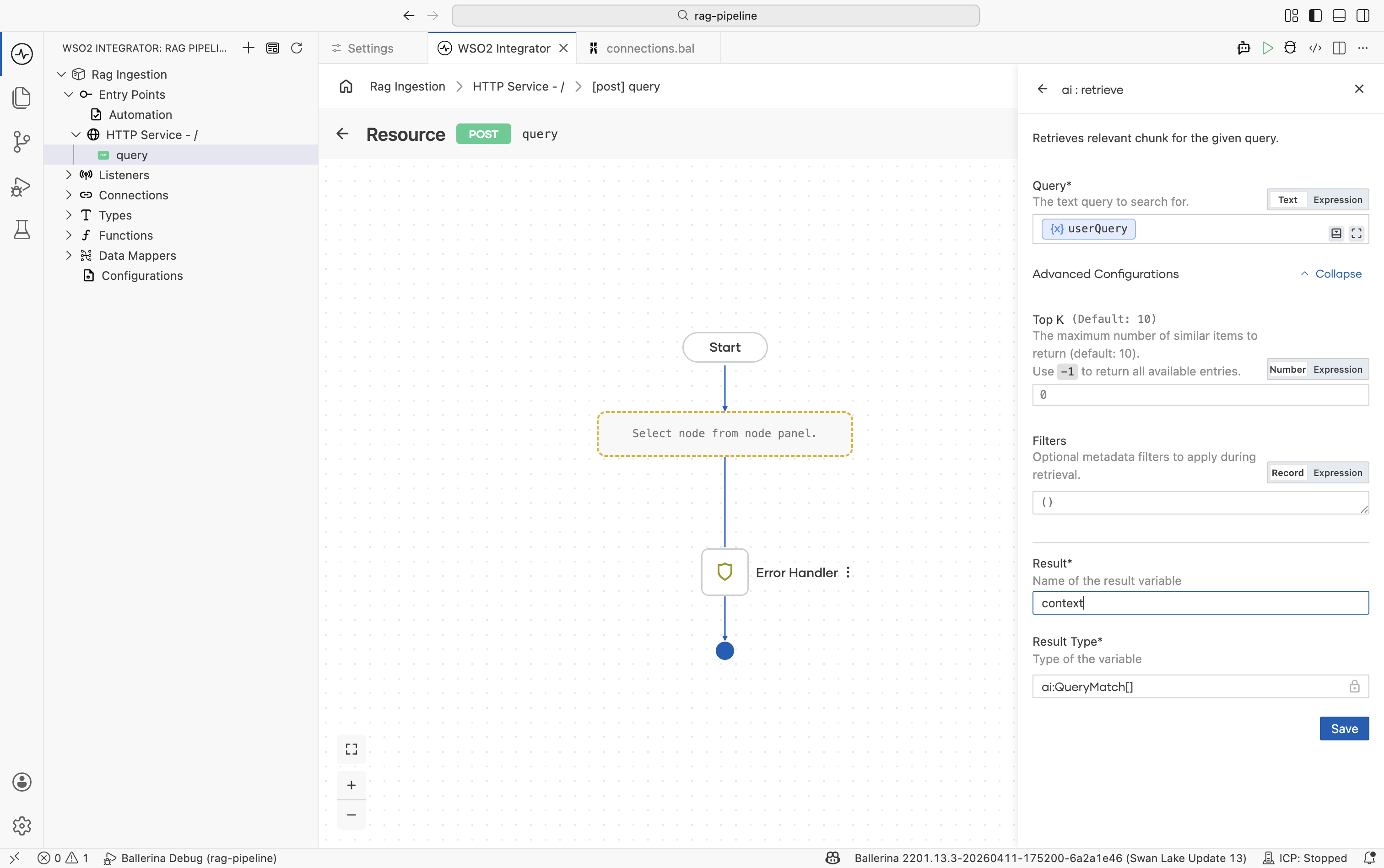 Retrieve action form showing Knowledge Base, Query, Top K, Filters, and Result variable fields.