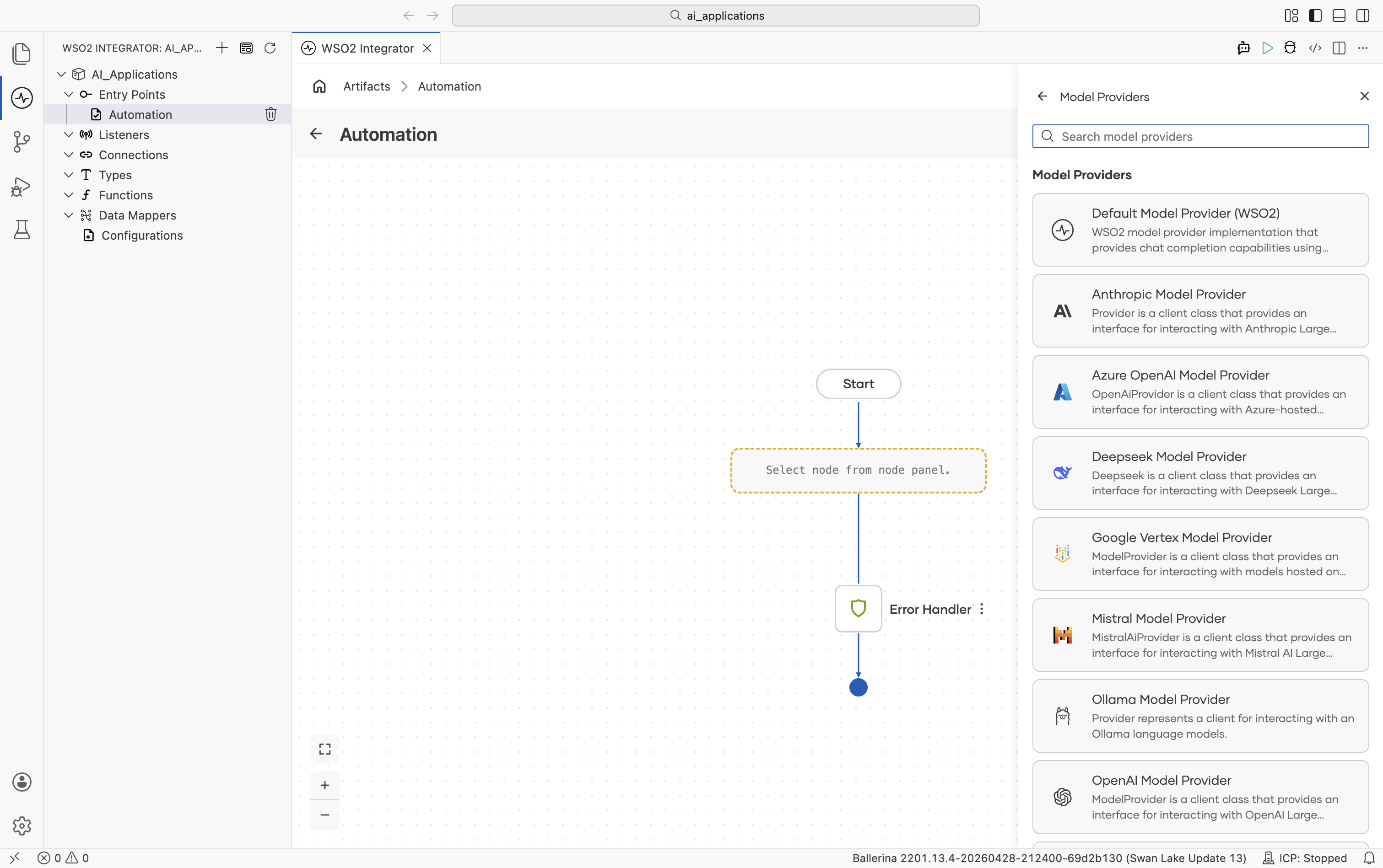 Select Model Provider picker listing Default Model Provider (WSO2), Anthropic, Azure OpenAI, DeepSeek, Google Vertex, Mistral, Ollama, OpenAI, with one-line descriptions for each.