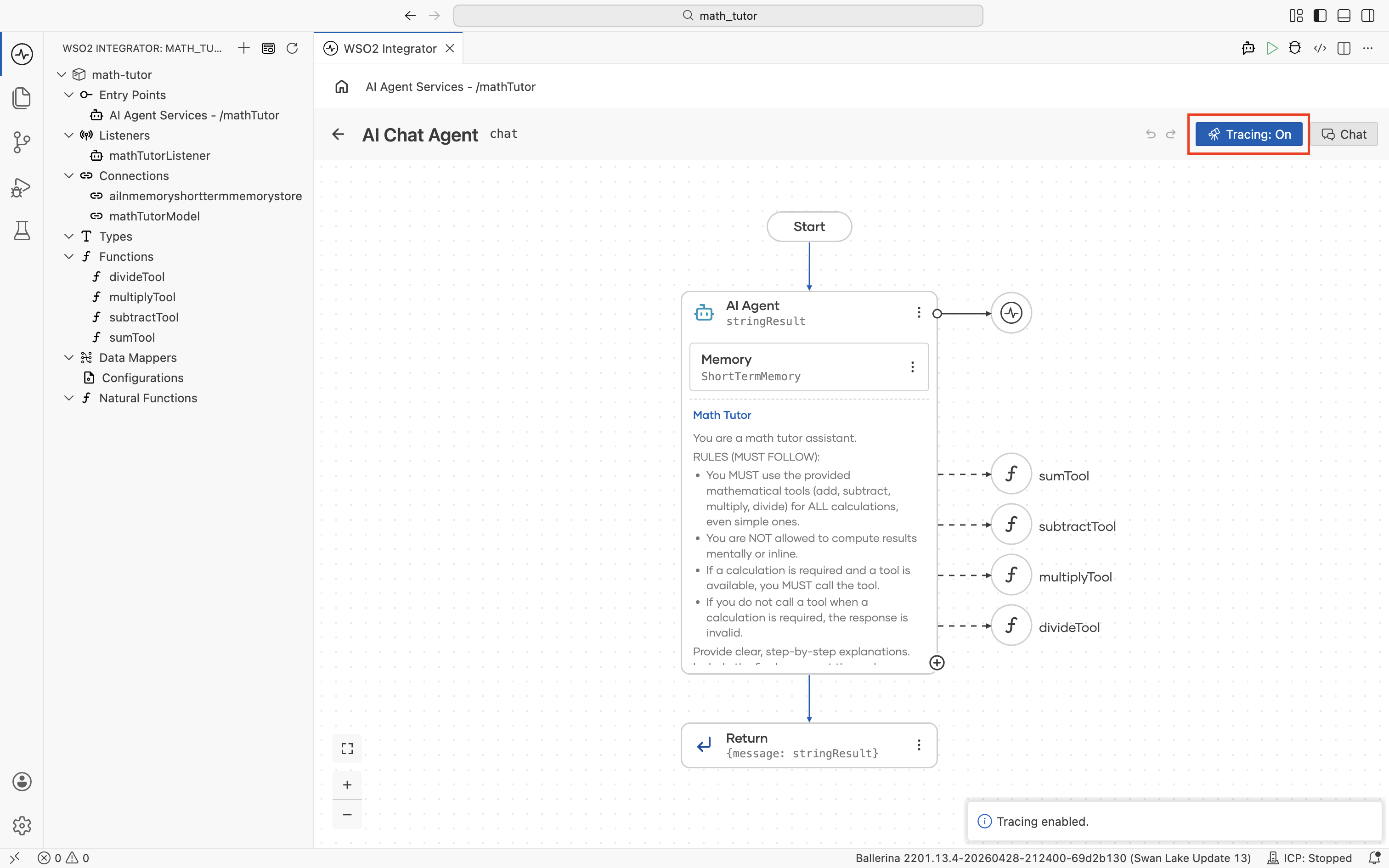 AI Chat Agent canvas with the toggle now showing 'Tracing: On' and a 'Tracing enabled.' notification at the bottom-right.