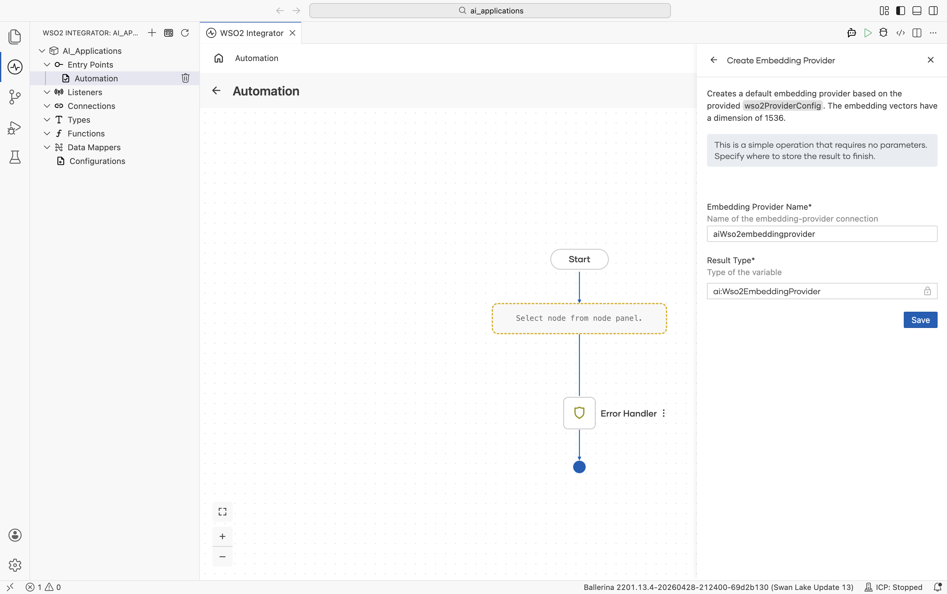 Create Embedding Provider form for the Default WSO2 provider. Banner: 'This is a simple operation that requires no parameters. Specify where to store the result to finish.' Two fields: Embedding Provider Name (default aiWso2embeddingprovider) and Result Type (locked to ai). Save button.