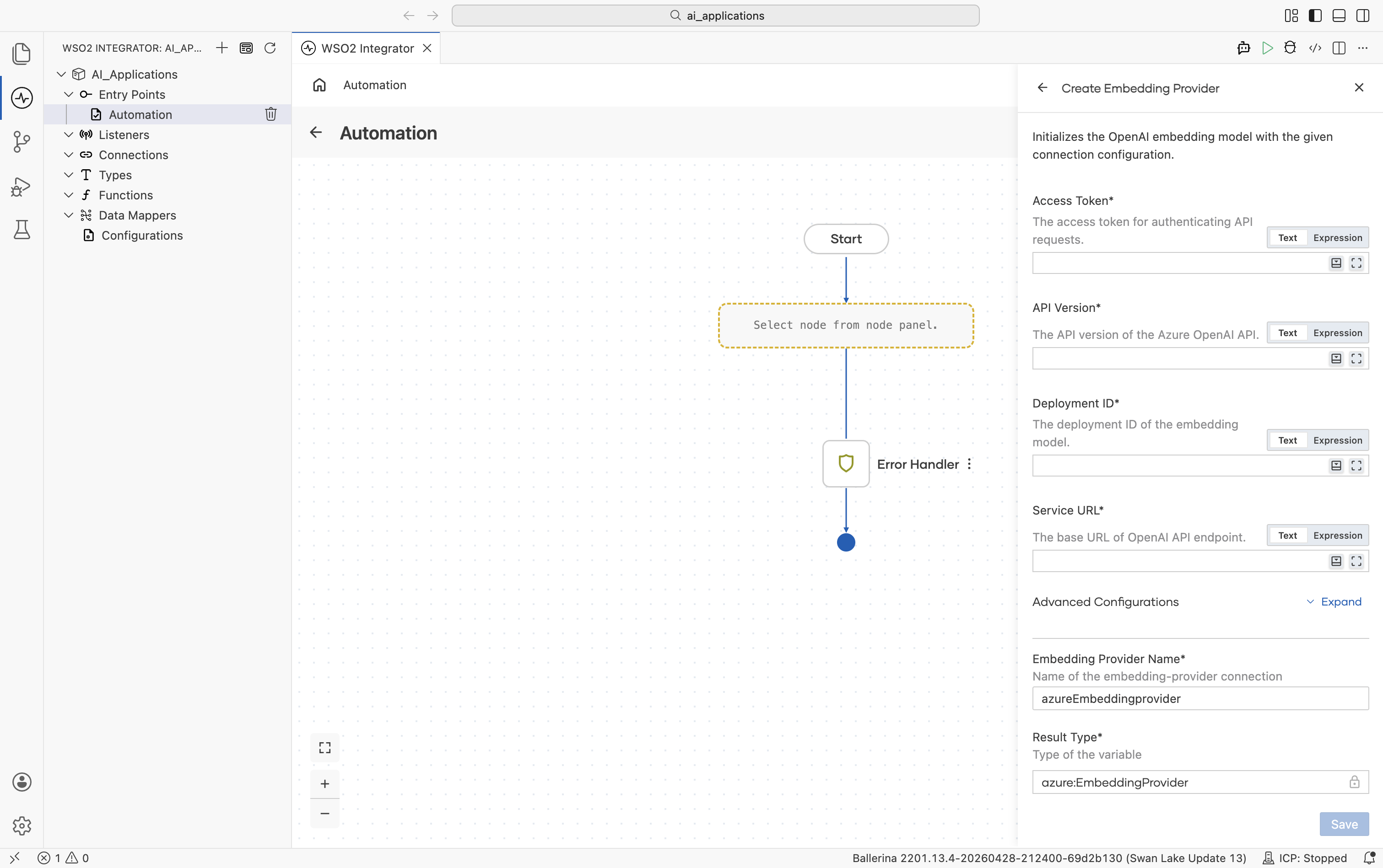Create Embedding Provider form for Azure OpenAI showing four required fields: Access Token, API Version, Deployment ID, Service URL. Below: Advanced Configurations Expand link, Embedding Provider Name azureEmbeddingprovider, Result Type azure.