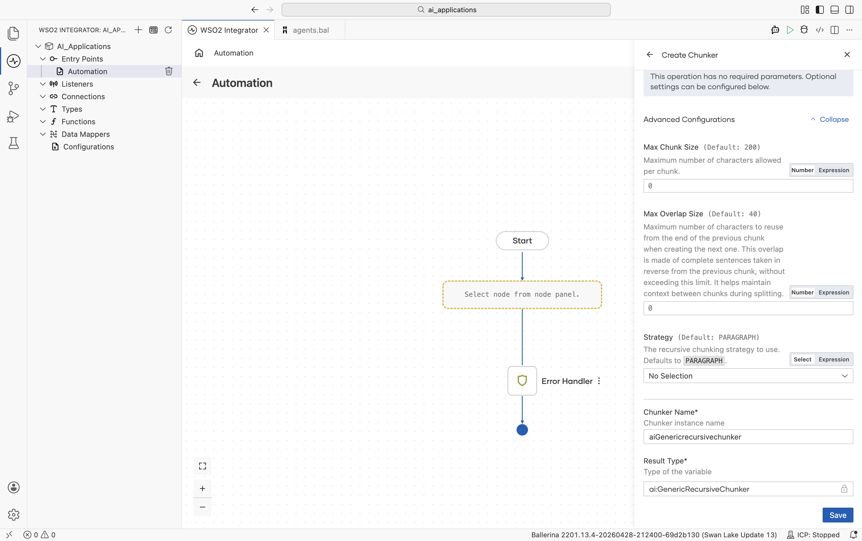 Generic Recursive Chunker Create form with Advanced Configurations expanded showing Max Chunk Size (default 200), Max Overlap Size (default 40), Strategy (default PARAGRAPH).