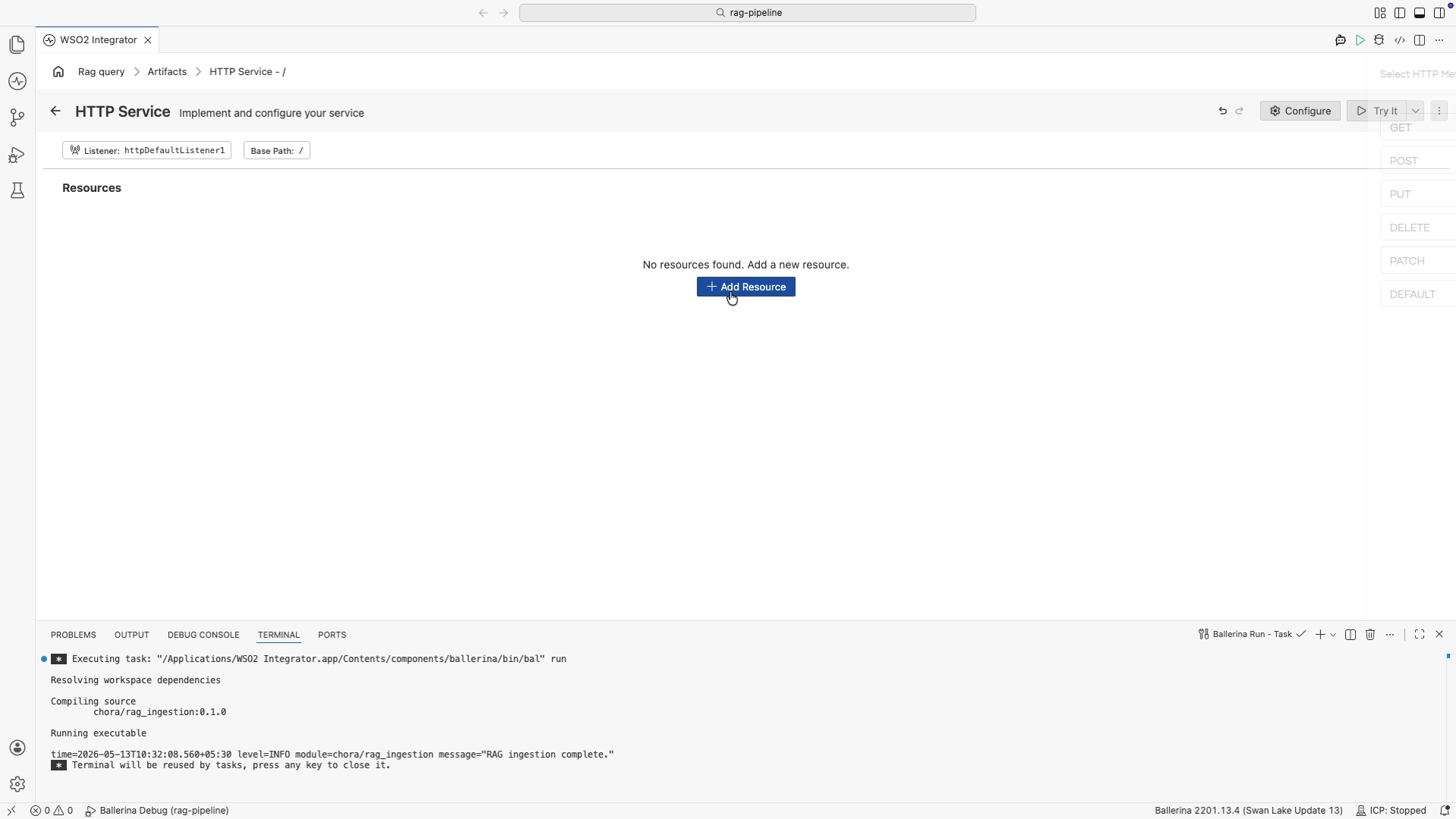 HTTP Service editor showing no resources and the Select HTTP Method to Add panel.