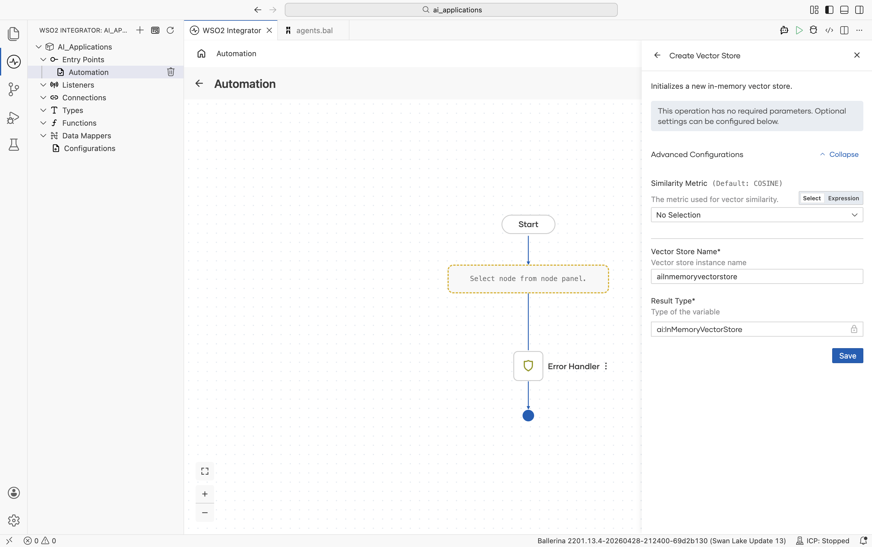 In-Memory Vector Store Create form with Advanced Configurations expanded showing Similarity Metric (default COSINE).