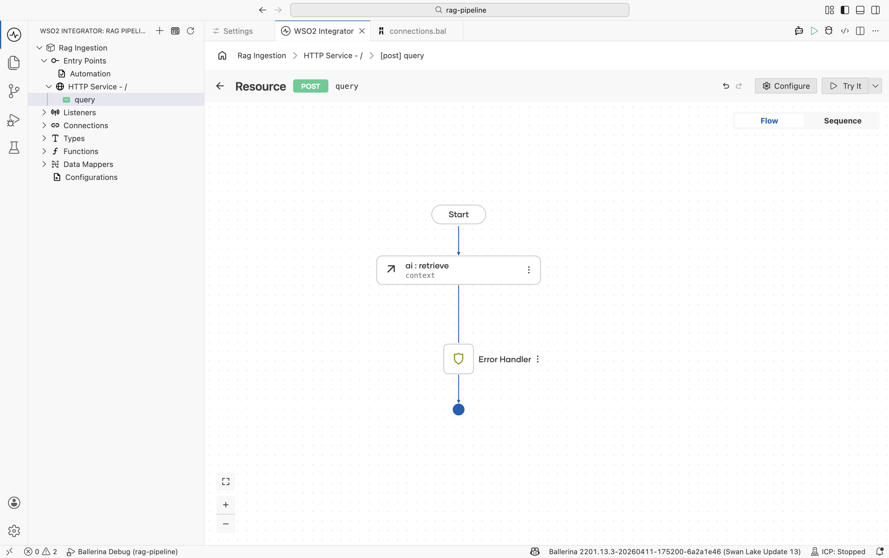 Flow editor showing the Retrieve node added after the HTTP service resource.