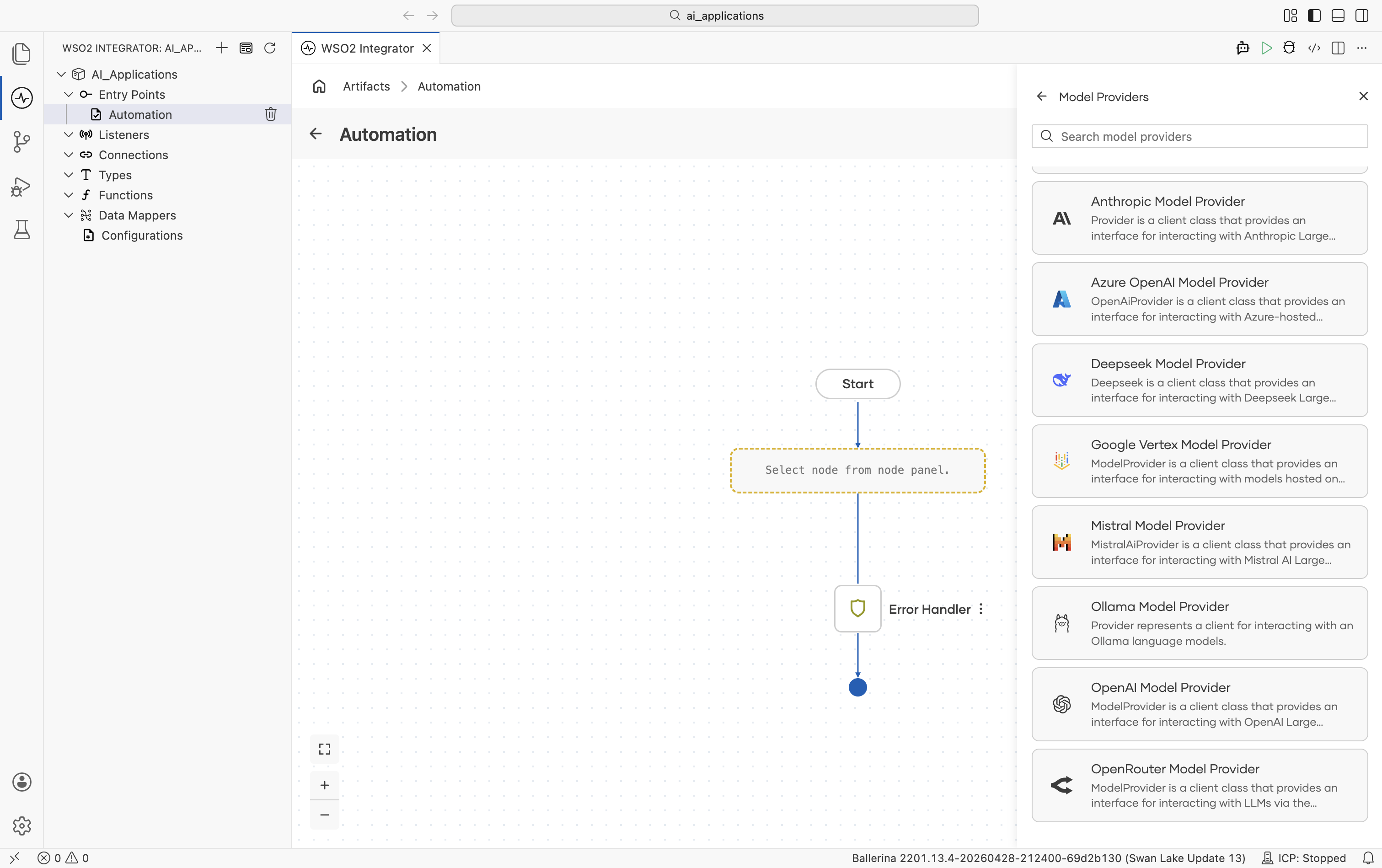Select Model Provider picker scrolled to show DeepSeek (highlighted), Google Vertex, Mistral, Ollama, OpenAI, and OpenRouter Model Provider entries.
