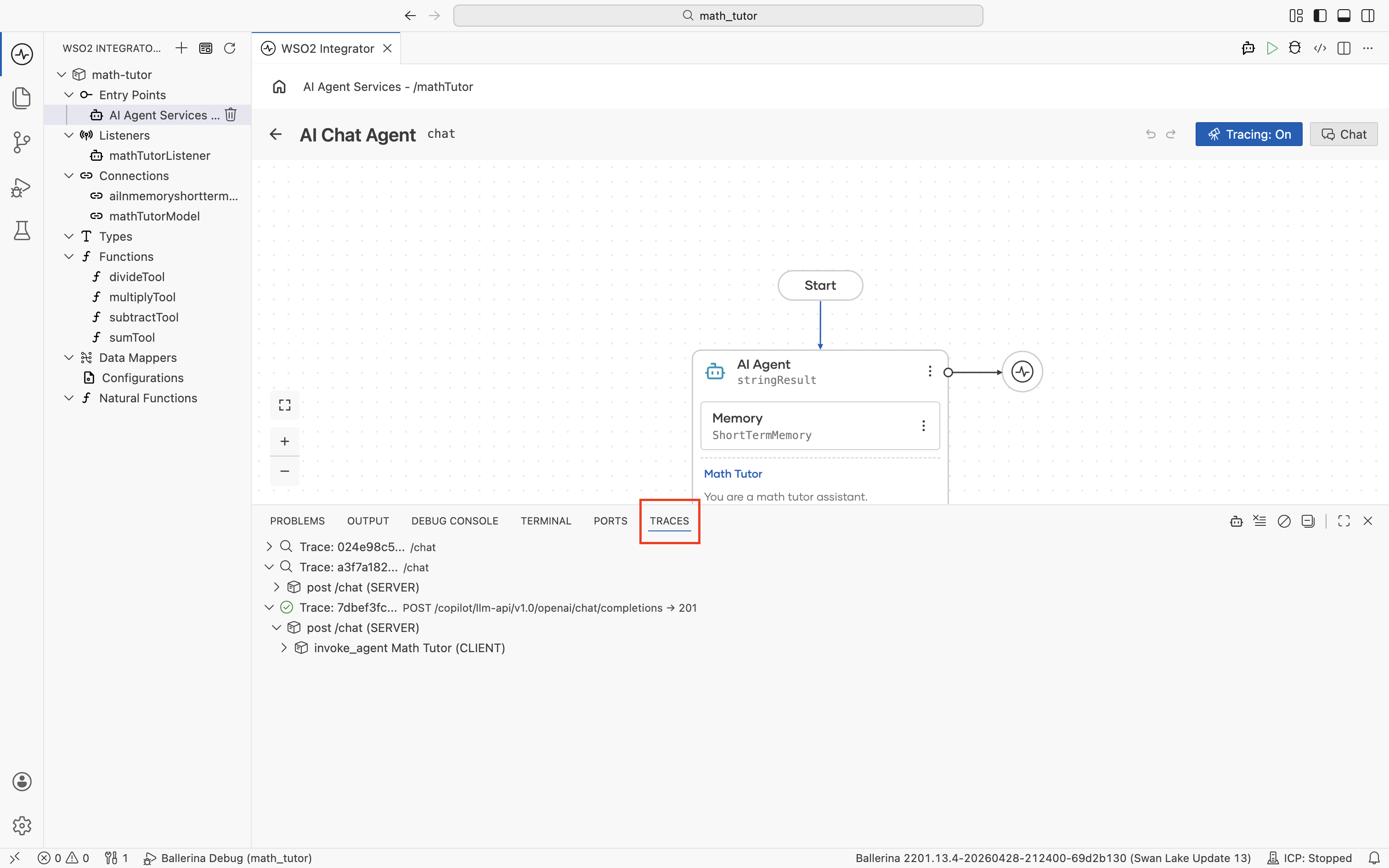 The Traces tab at the bottom of the IDE listing several traces. The expanded one shows a 'post /chat (SERVER)' span with a child 'invoke_agent Math Tutor (CLIENT)' span.