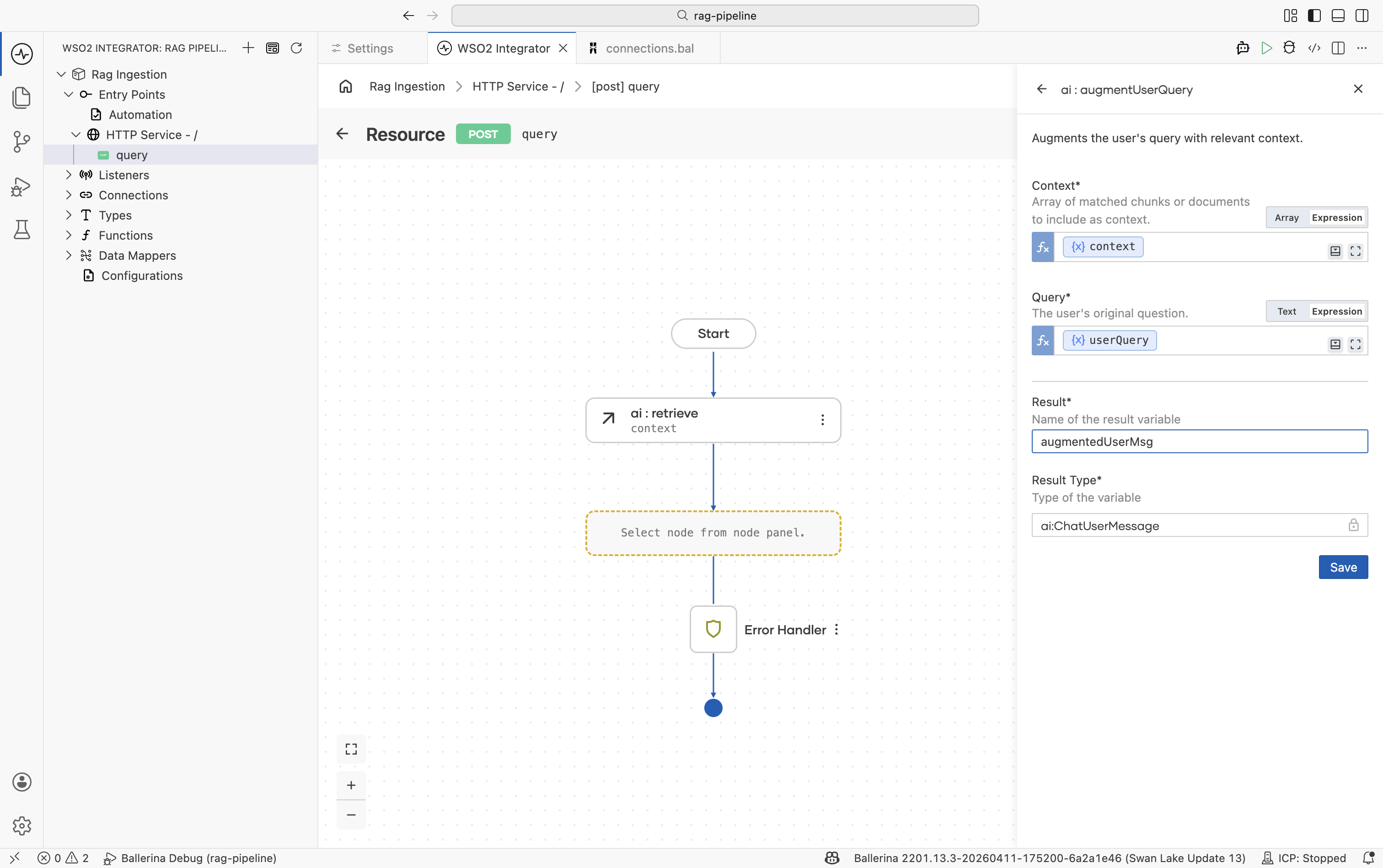 Augment User Query form showing Context, Query, and Result variable fields.