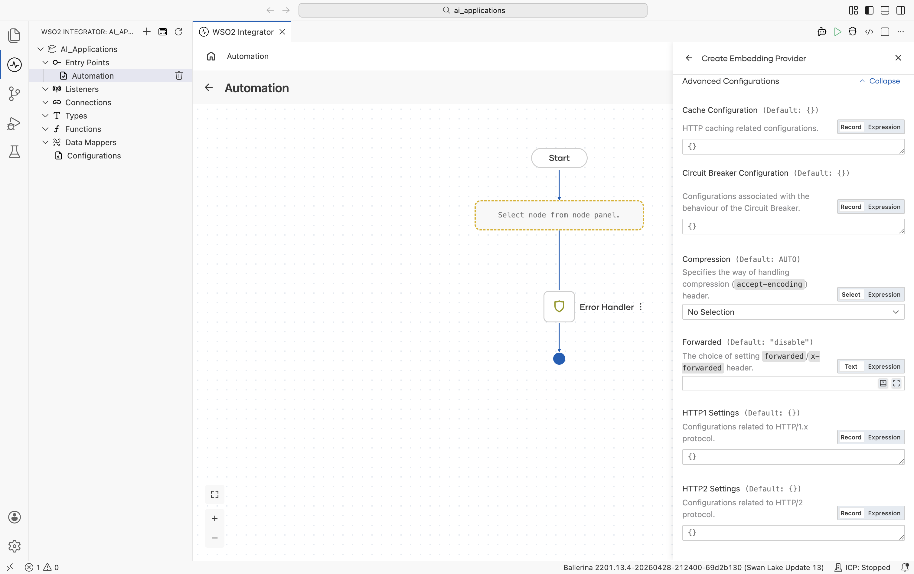 Azure OpenAI Create Embedding Provider form with Advanced Configurations expanded showing Cache Configuration, Circuit Breaker Configuration, Compression AUTO, Forwarded 'disable', HTTP1 Settings, HTTP2 Settings.