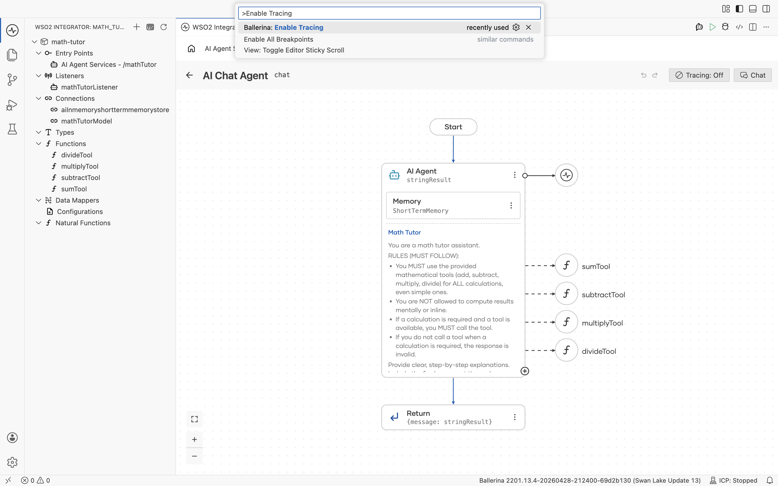 WSO2 Integrator IDE command palette with 'Enable Tracing' typed. The top suggestion is 'Ballerina: Enable Tracing'.