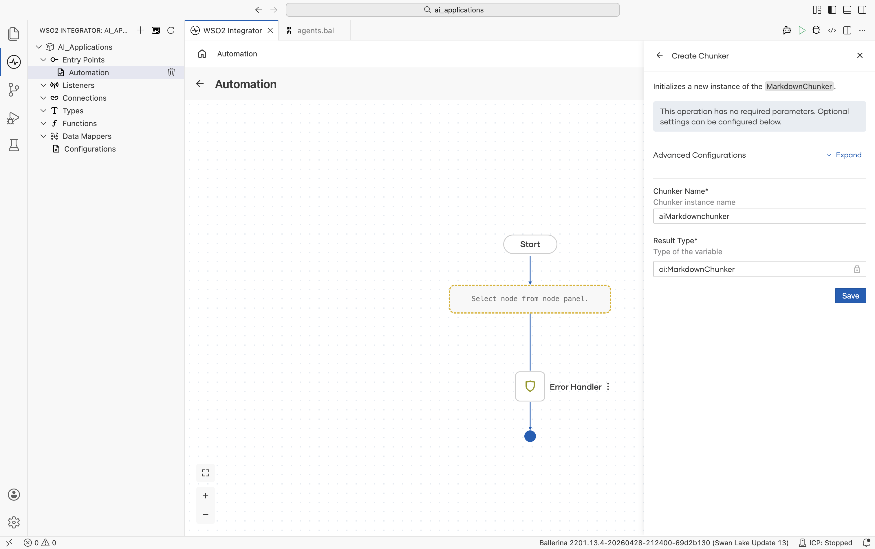 Create Chunker form for Markdown showing the banner 'This operation has no required parameters. Optional settings can be configured below.' Advanced Configurations Expand link, Chunker Name aiMarkdownchunker, Result Type ai.