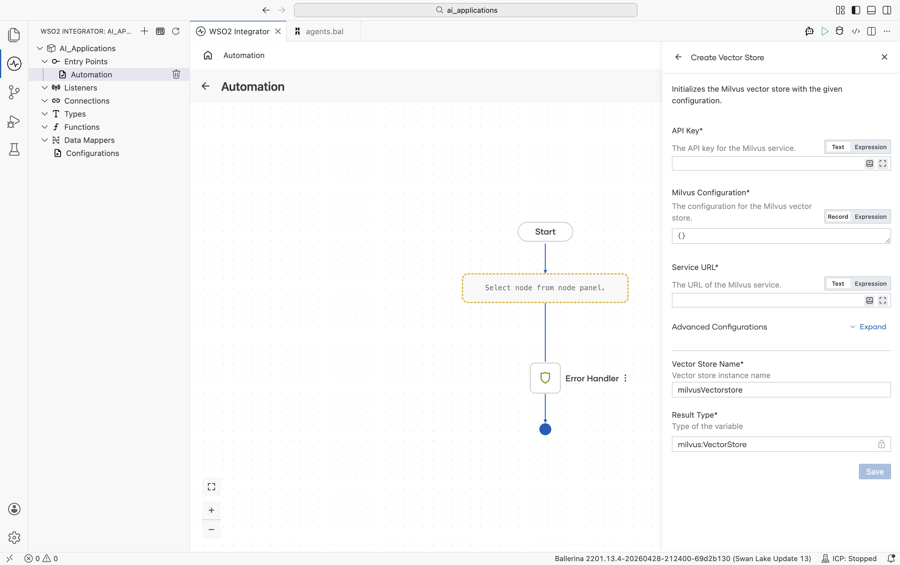 Create Vector Store form for Milvus showing three required fields: API Key (The API key for the Milvus service), Milvus Configuration (record/expression toggle, default ), and Service URL. Below: Advanced Configurations Expand link, Vector Store Name milvusVectorstore, Result Type milvus.