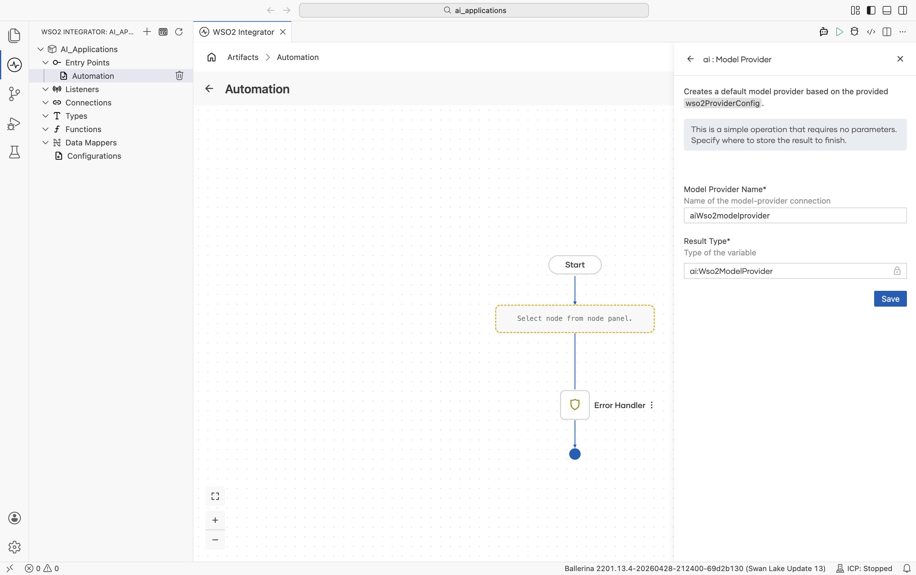 Create Model Provider form for the Default WSO2 provider. Header reads 'Creates a default model provider based on the provided wso2ProviderConfig'. Banner: 'This is a simple operation that requires no parameters. Specify where to store the result to finish.' Two fields: Model Provider Name (default aiWso2modelprovider) and Result Type (locked to ai). Save button.